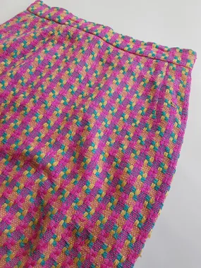 100% Pure Silk Vintage Legally Blonde Pink Pencil Skirt -  1980s Office Siren - Woven Silk Thread in Pink Yellow & Blue - Above Knee - Light & Breezy - Versatile Separates Piece