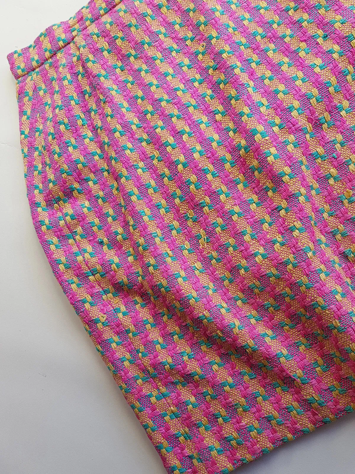 100% Pure Silk Vintage Legally Blonde Pink Pencil Skirt -  1980s Office Siren - Woven Silk Thread in Pink Yellow & Blue - Above Knee - Light & Breezy - Versatile Separates Piece