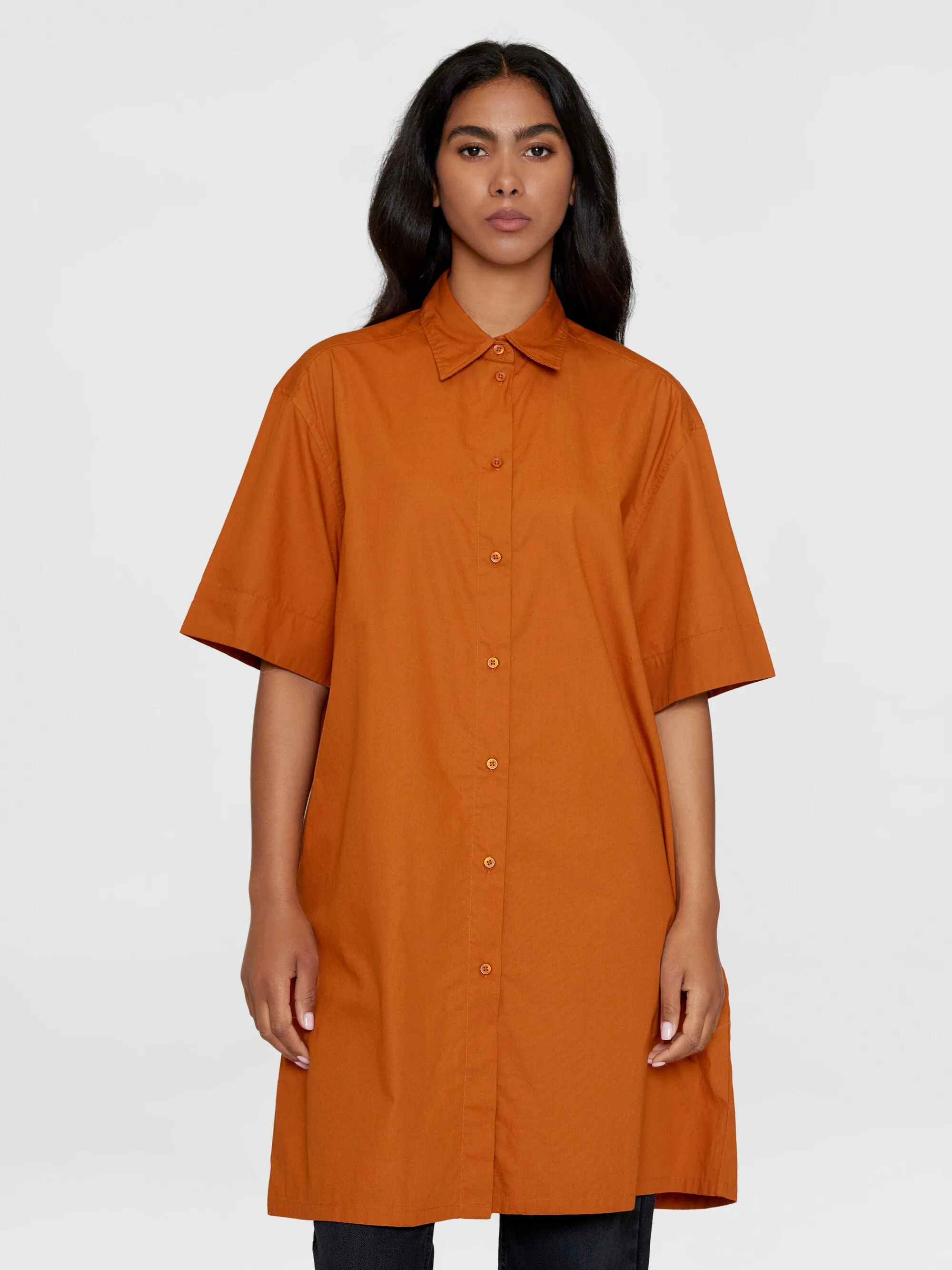 A-shape short sleeved poplin shirt dress - GOTS/Vegan - Leather Brown