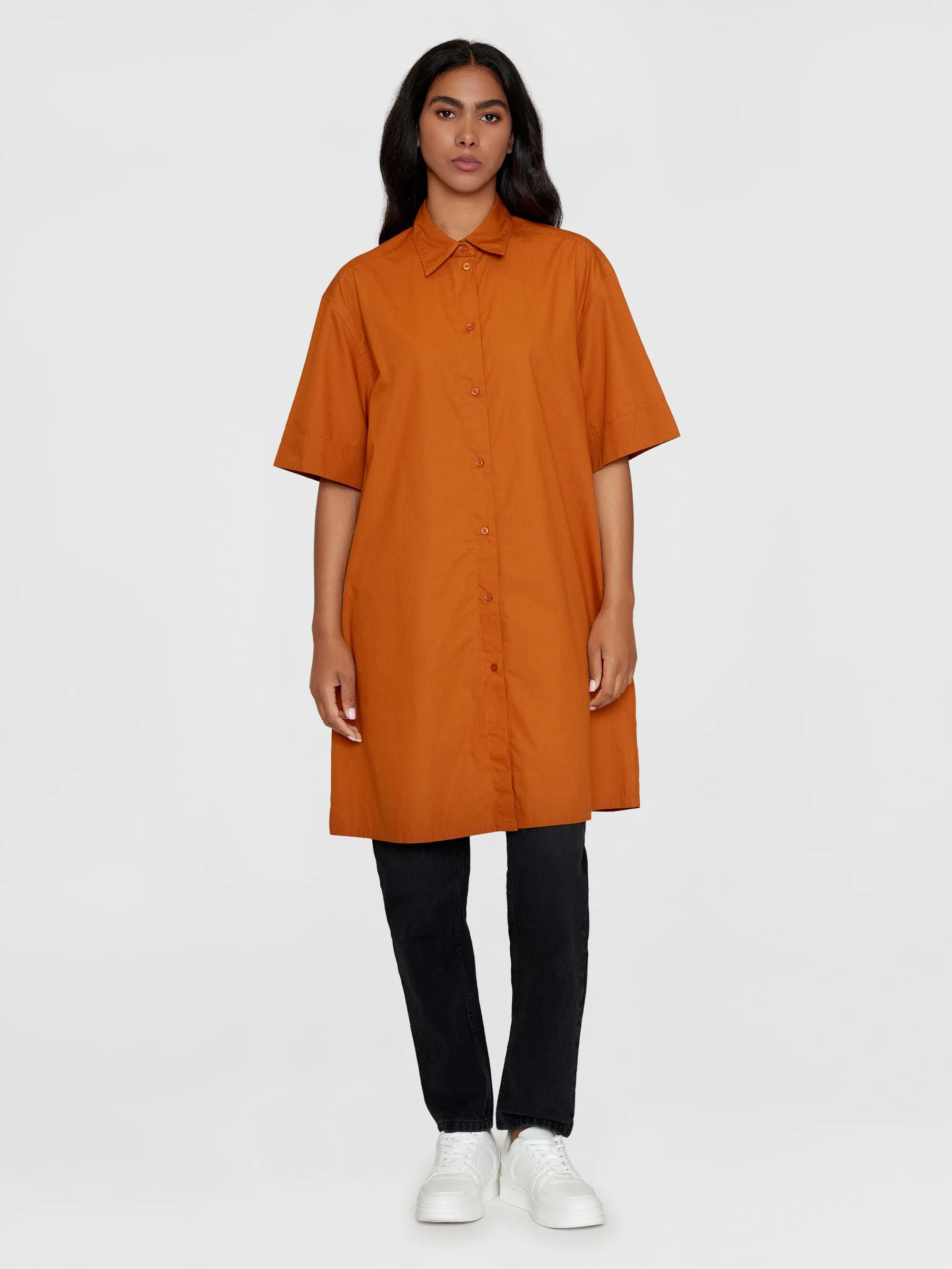 A-shape short sleeved poplin shirt dress - GOTS/Vegan - Leather Brown