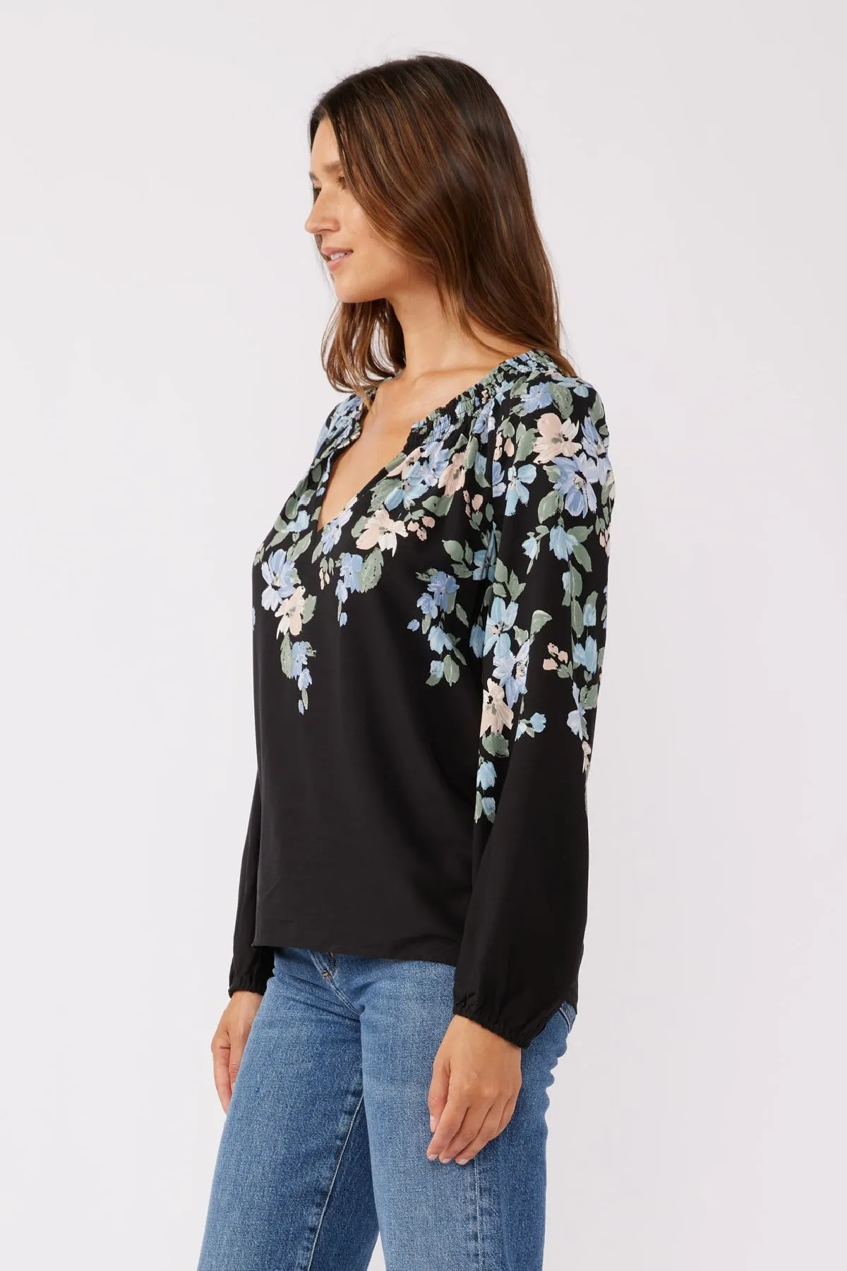 Adrian Long Sleeve Floral Print Top Black