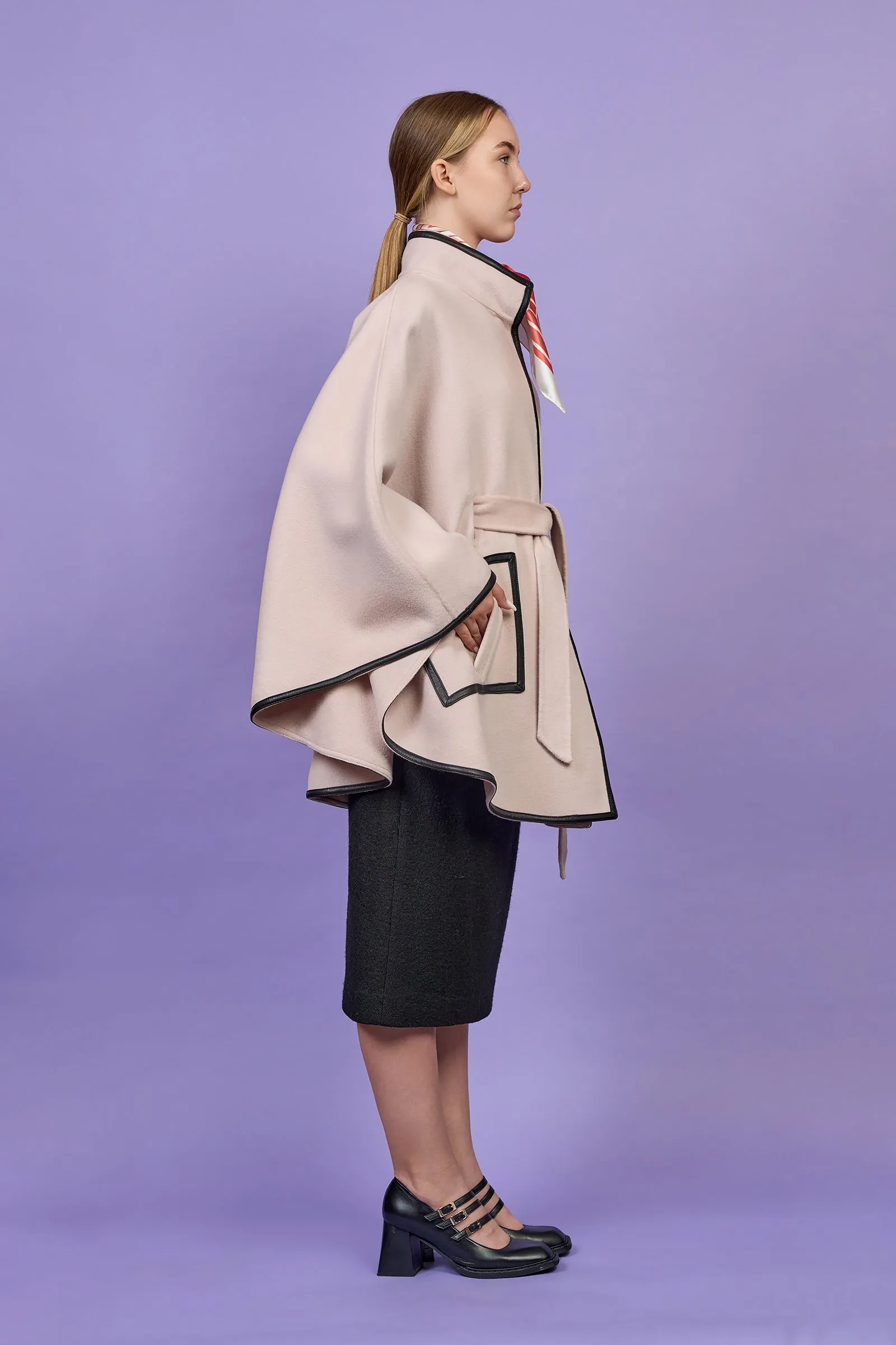 ALICE Blush Ivory Cape Coat in Virgin Wool Cashmere Black Leather