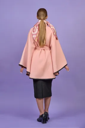 ALICE Light Pink Belted Cape Coat in Virgin Wool Cashmere Black Leather