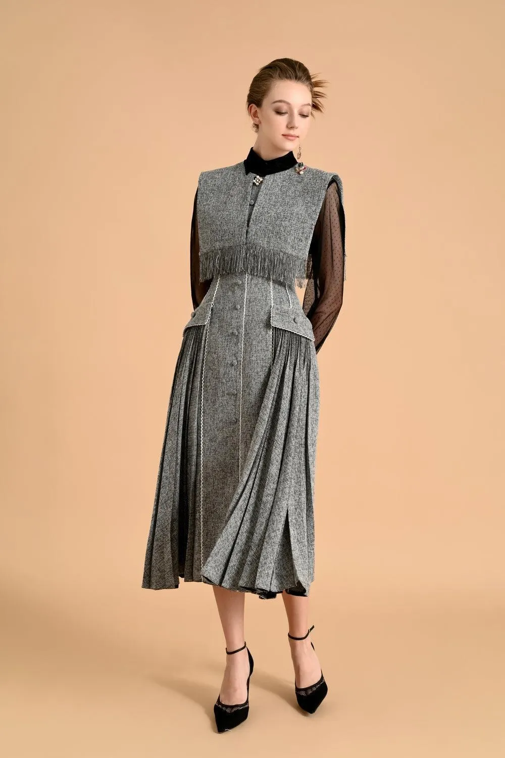 Anaya Fit and Flare Round Neck Tweed Midi Dress