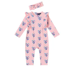 Andy & Evan Printed Long Sleeve Romper with Pom Pom Trim