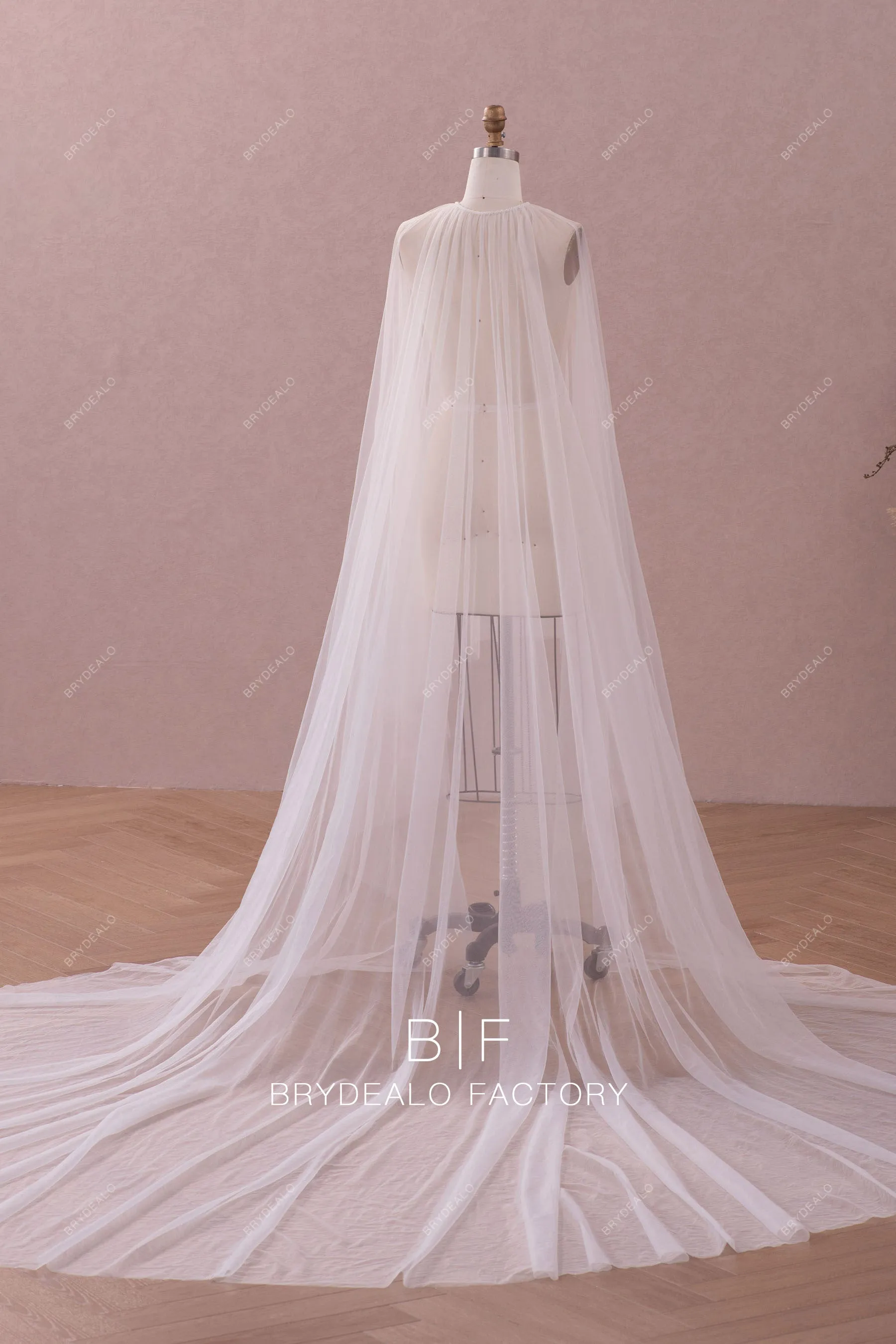 Beaded Neck Royal Length Bridal Cape Veil