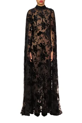 Black Burnout Velvet Cape Gown