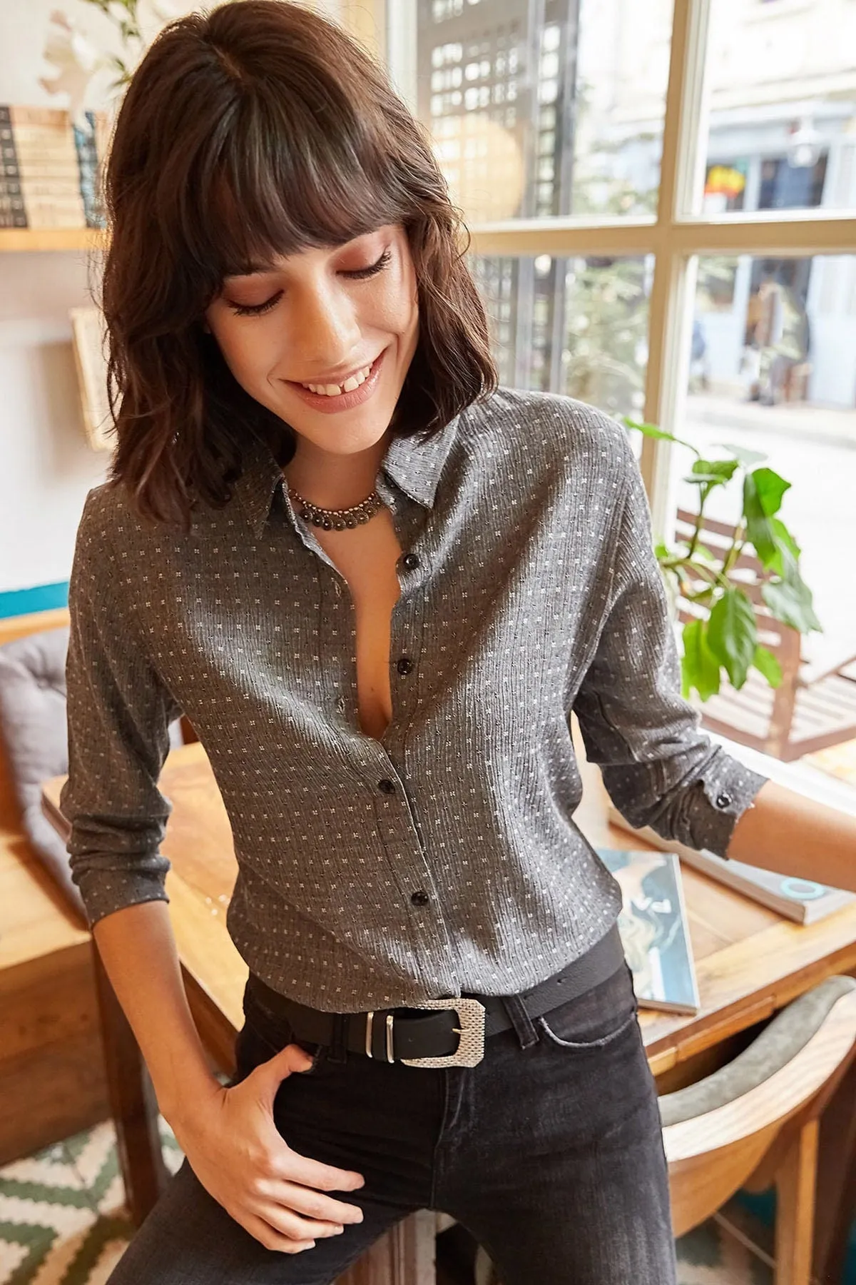 Black Casual Chic Textured Detail Viscose Shirt, Bohemian Style Ethnic Woman Top, Flowing Blouse, Long Sleeve Button Up Blouse,Secretary Top