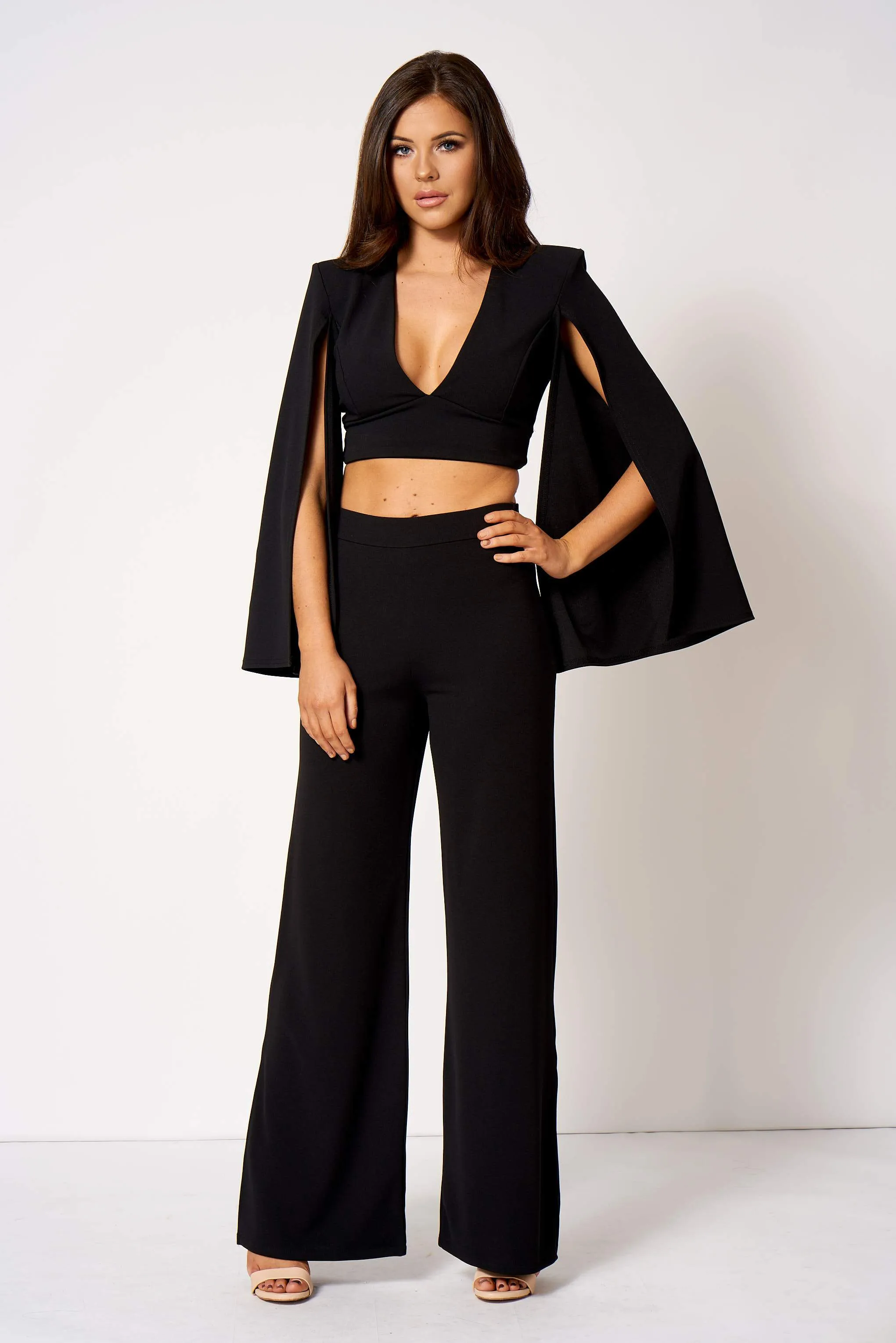 Black Plunge Cape Sleeve Crop Top