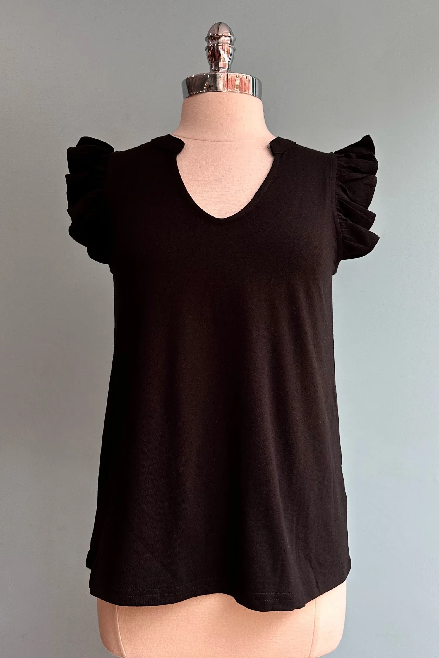 Black Ruffle Shoulder Basic T-Shirt