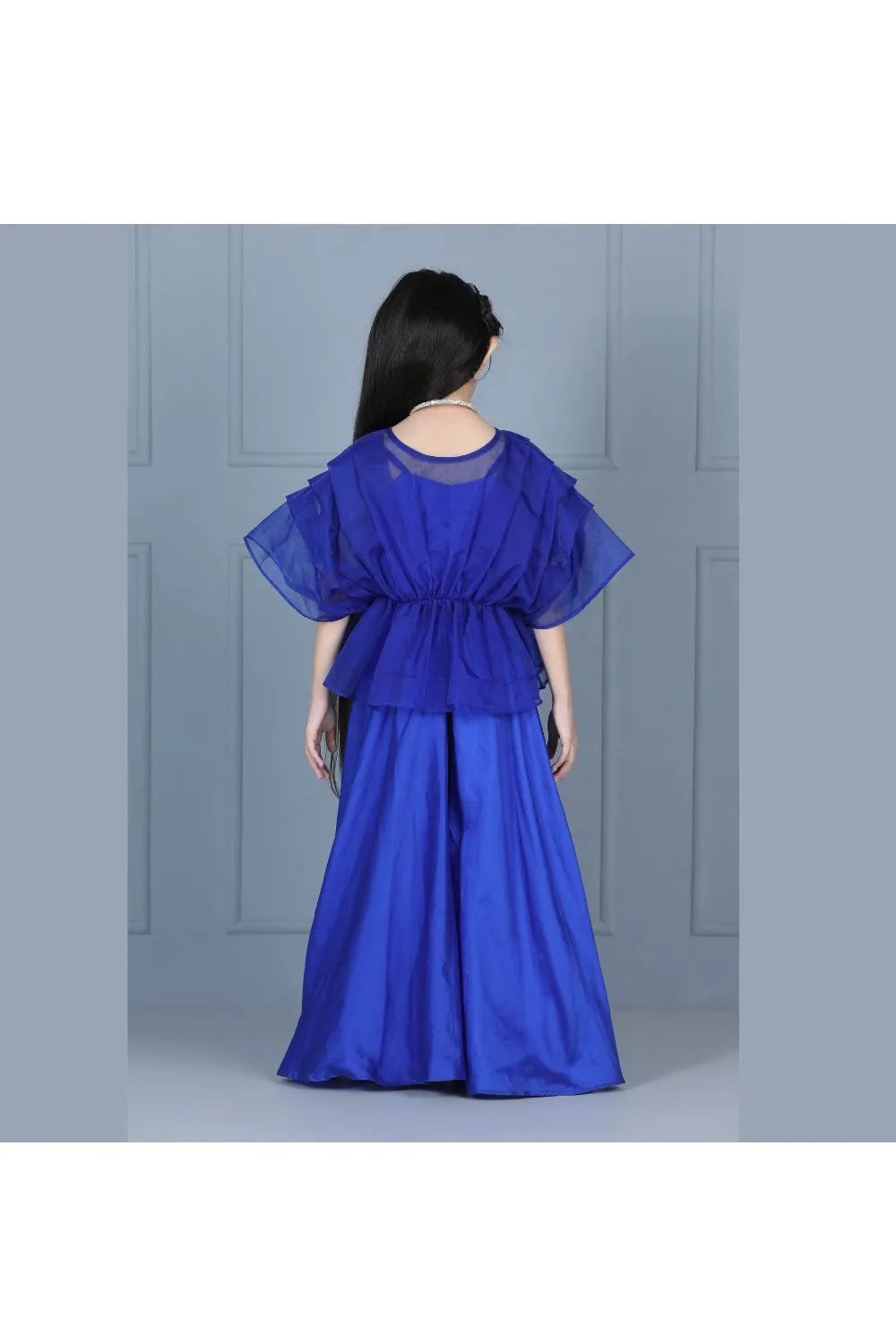 Blue Sleeveless Top With Organza Cape And Thread Embroidered Palazzo Set