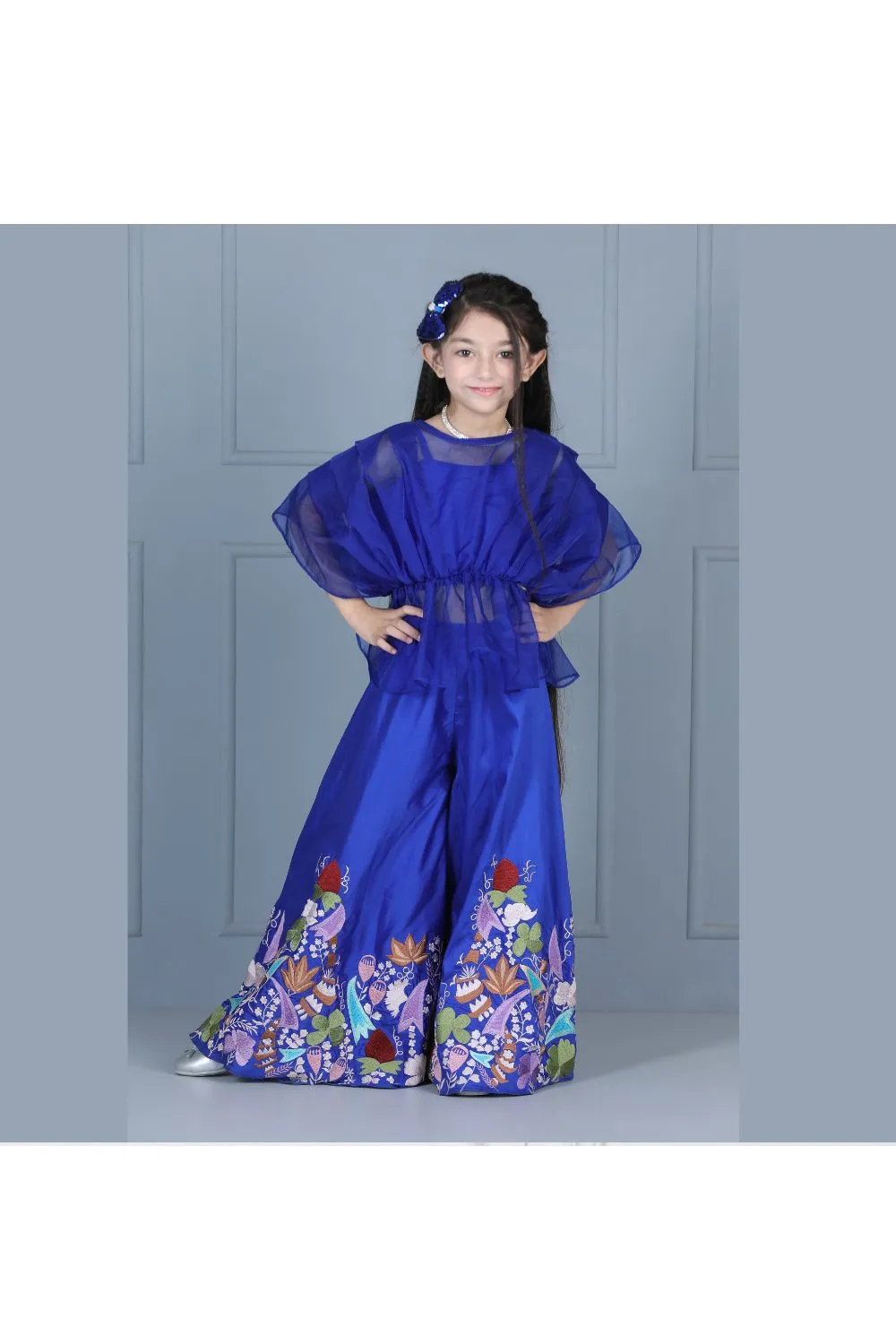 Blue Sleeveless Top With Organza Cape And Thread Embroidered Palazzo Set