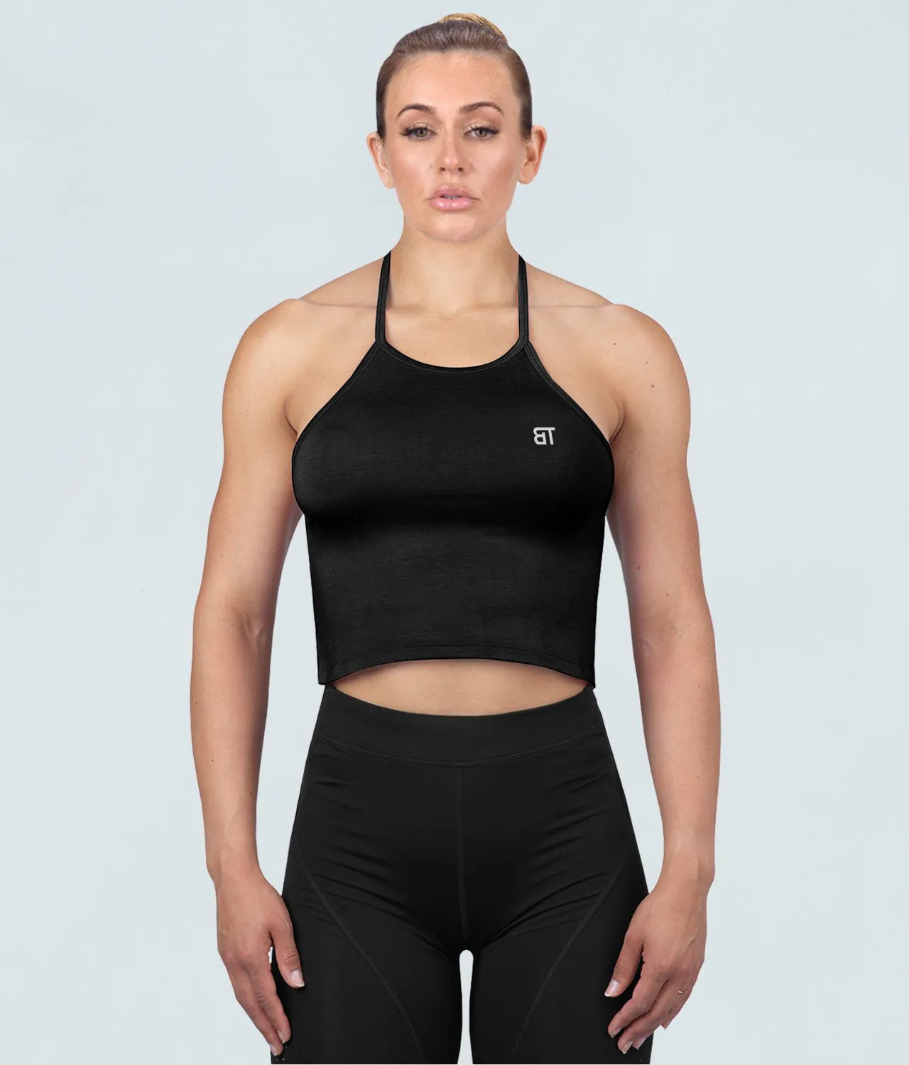 Born Tough Core Black Sheer Halter Running Top for Women