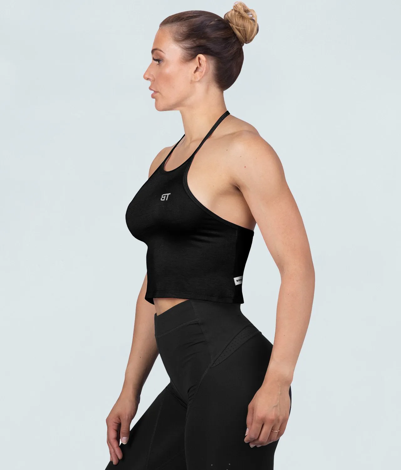 Born Tough Core Black Sheer Halter Running Top for Women