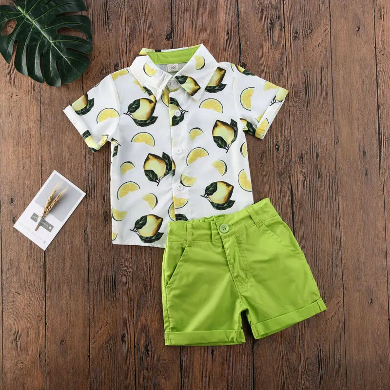 Boys Lemon Button Up Collard Shirt with Matching Shorts Set Toddler Boy Outfits