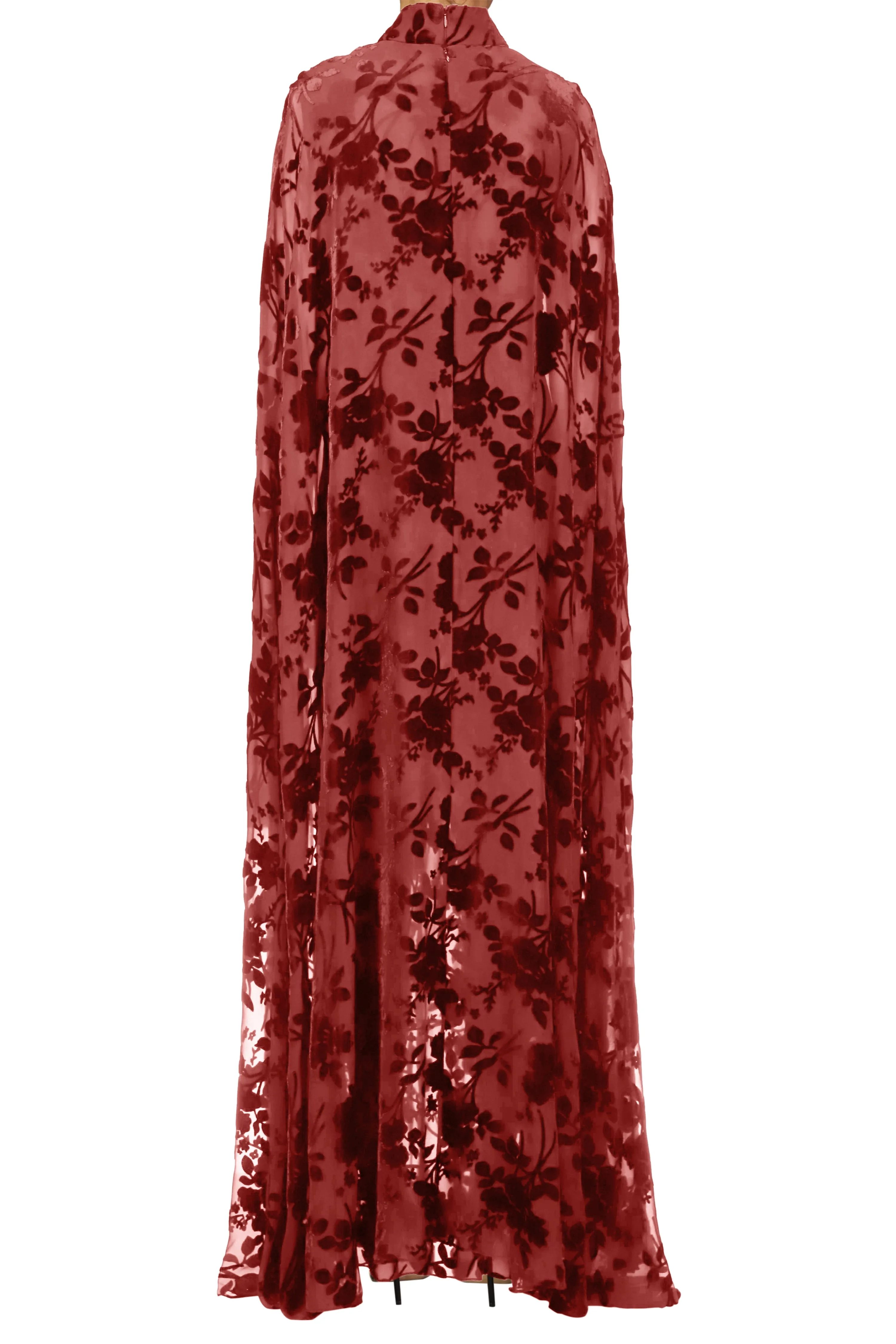 Burgundy Burnout Velvet Cape Gown