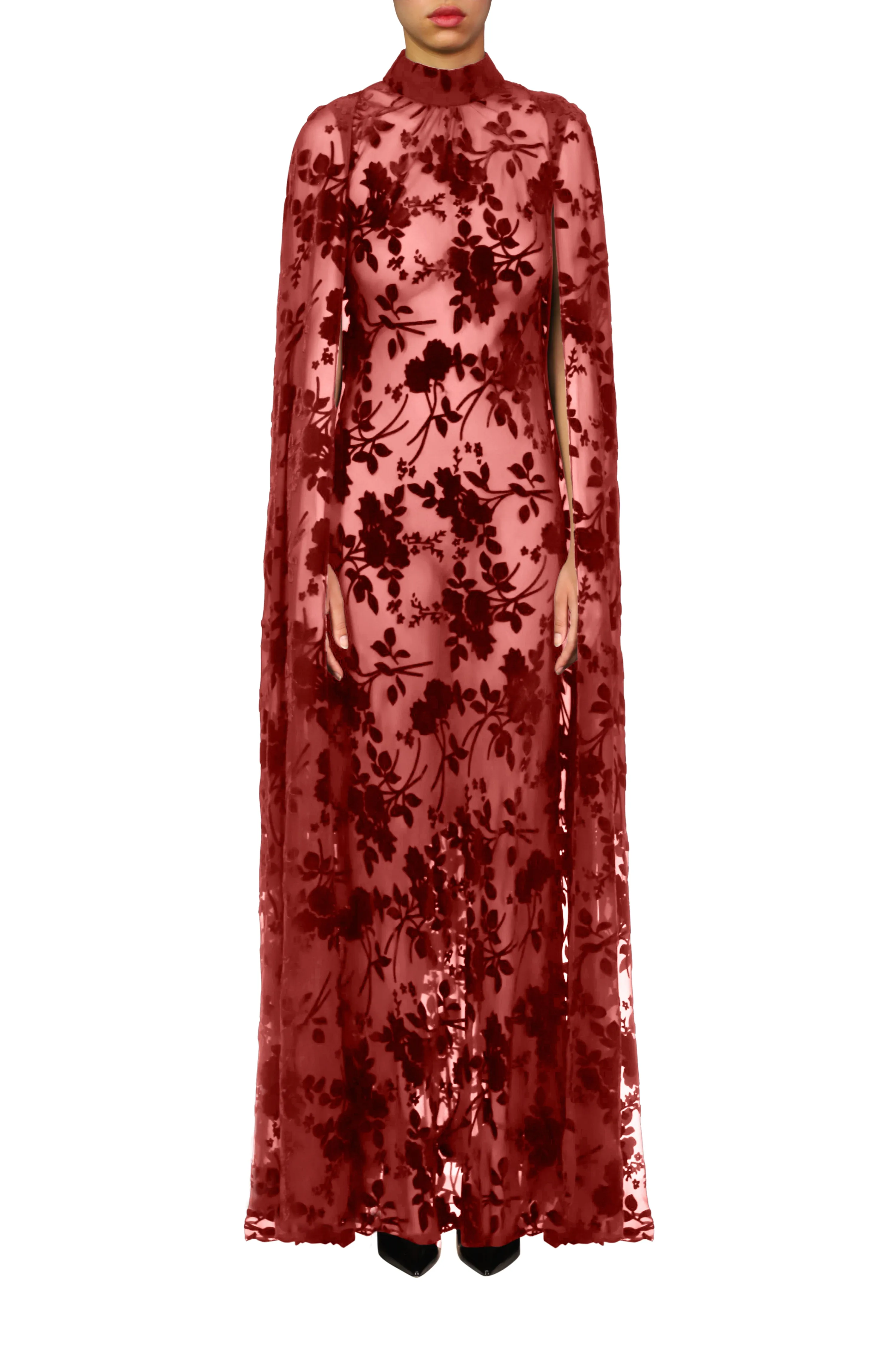 Burgundy Burnout Velvet Cape Gown