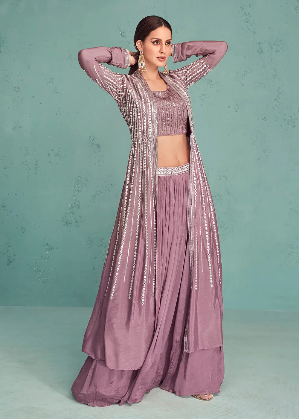 Dusty Mauve Indo-Western Jacket Style Georgette Skirt Dress