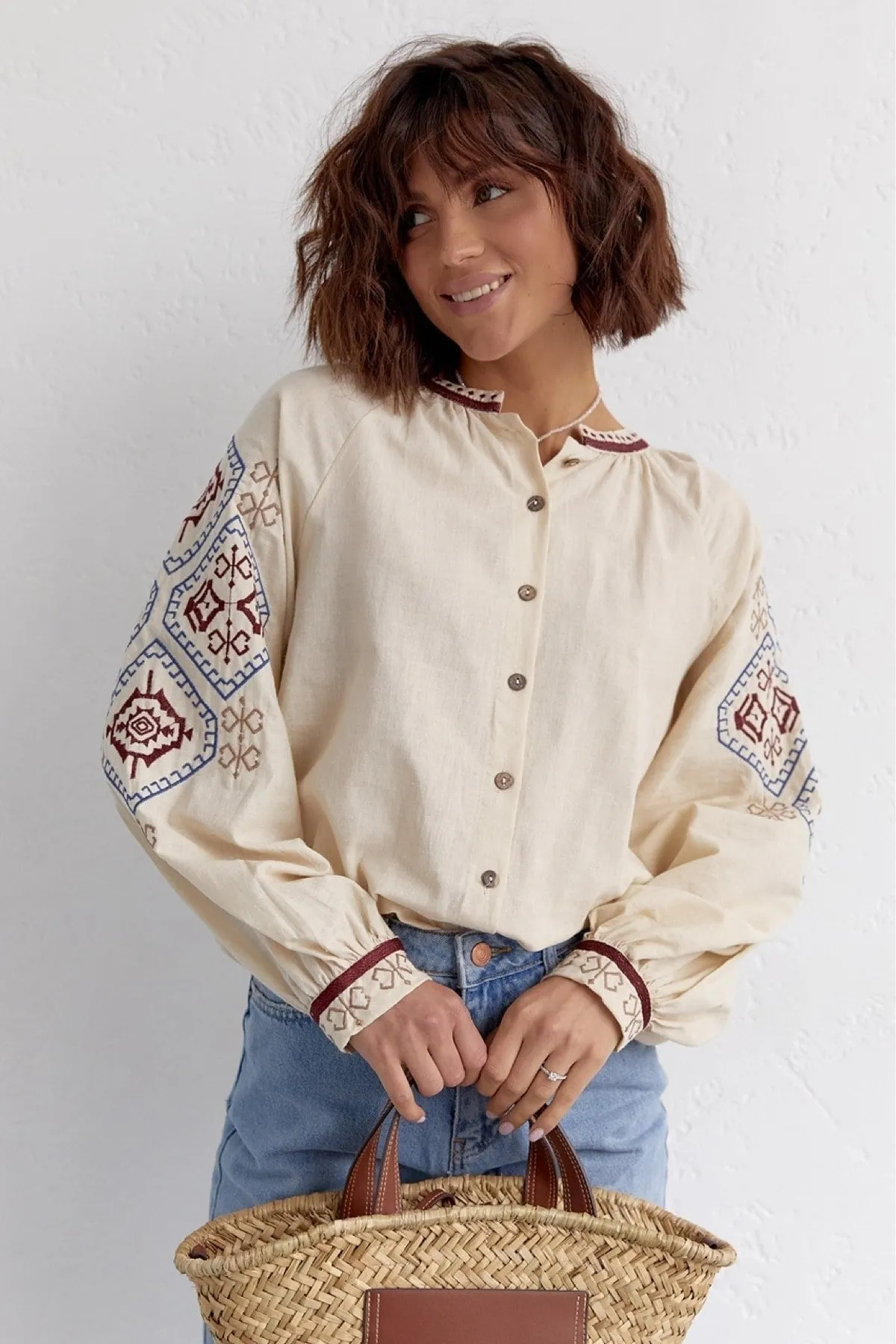 Ethnic Pattern Embroidered Vintage Shirt, Boho Style Vintage Apparel, Eclectic Finds Unique Stitching,Boho Chic Style,Modern Hippie