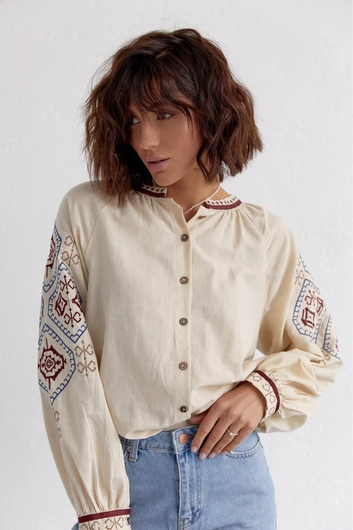 Ethnic Pattern Embroidered Vintage Shirt, Boho Style Vintage Apparel, Eclectic Finds Unique Stitching,Boho Chic Style,Modern Hippie