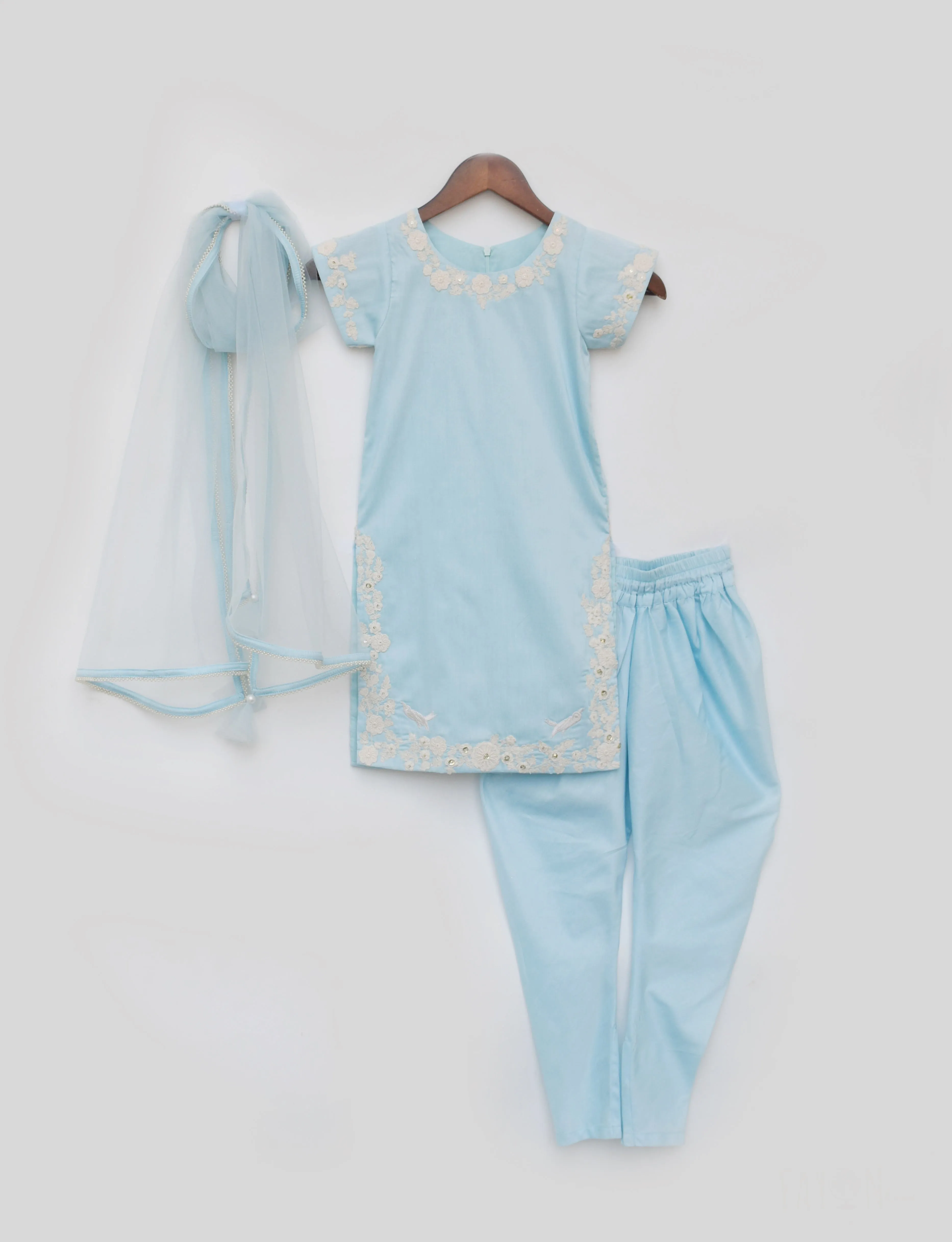 Girl's Blue Silk Kurti Churidar And Dupatta - Fayon Kids