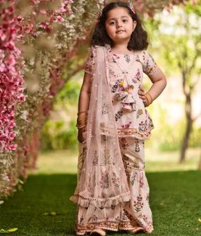 Girl's Peach Cotton Print Kurti Sharara And Peach Net Dupatta - Fayon Kids