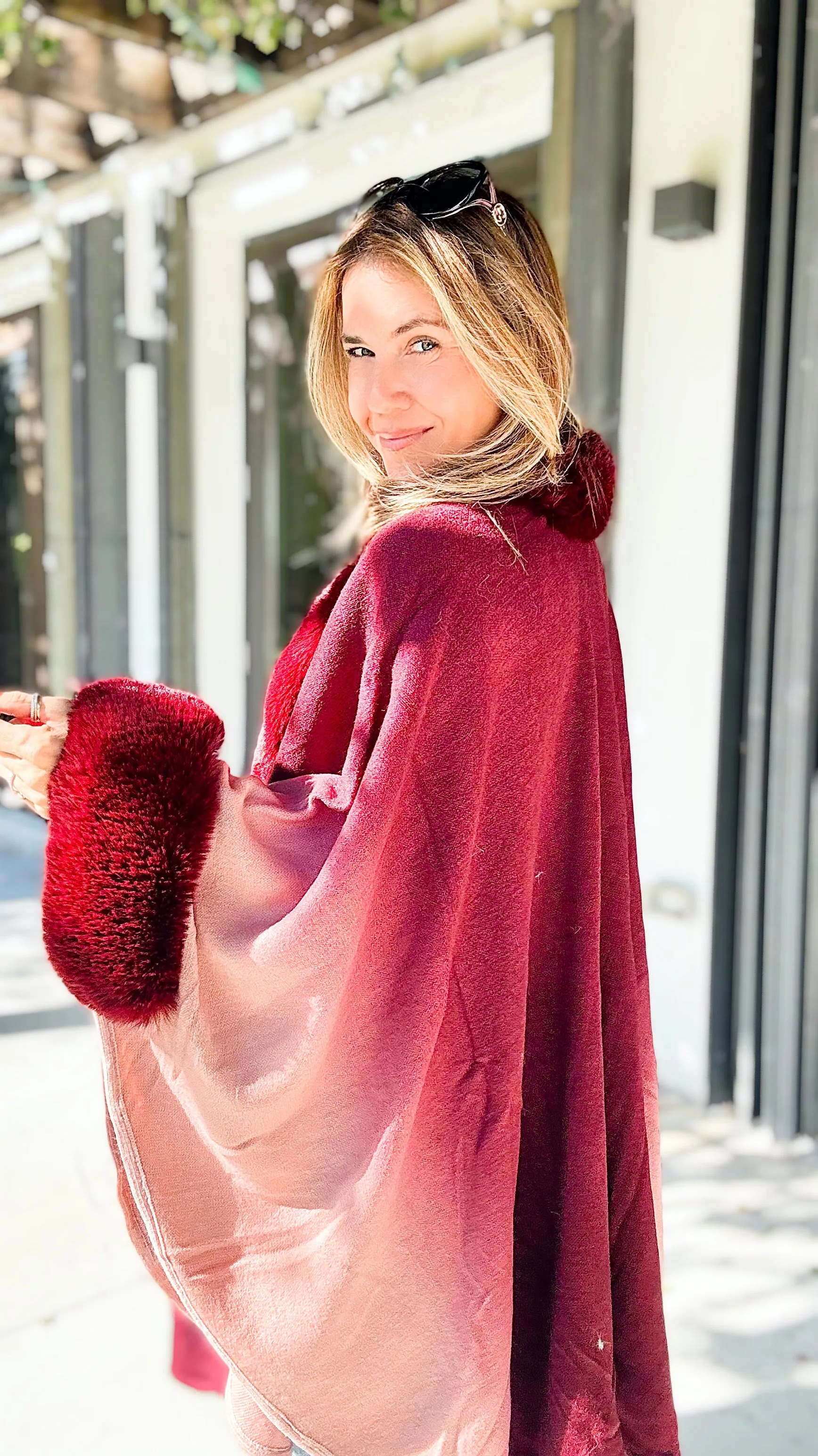 Glass of Wine Faux Fur Trim Ombre Cape