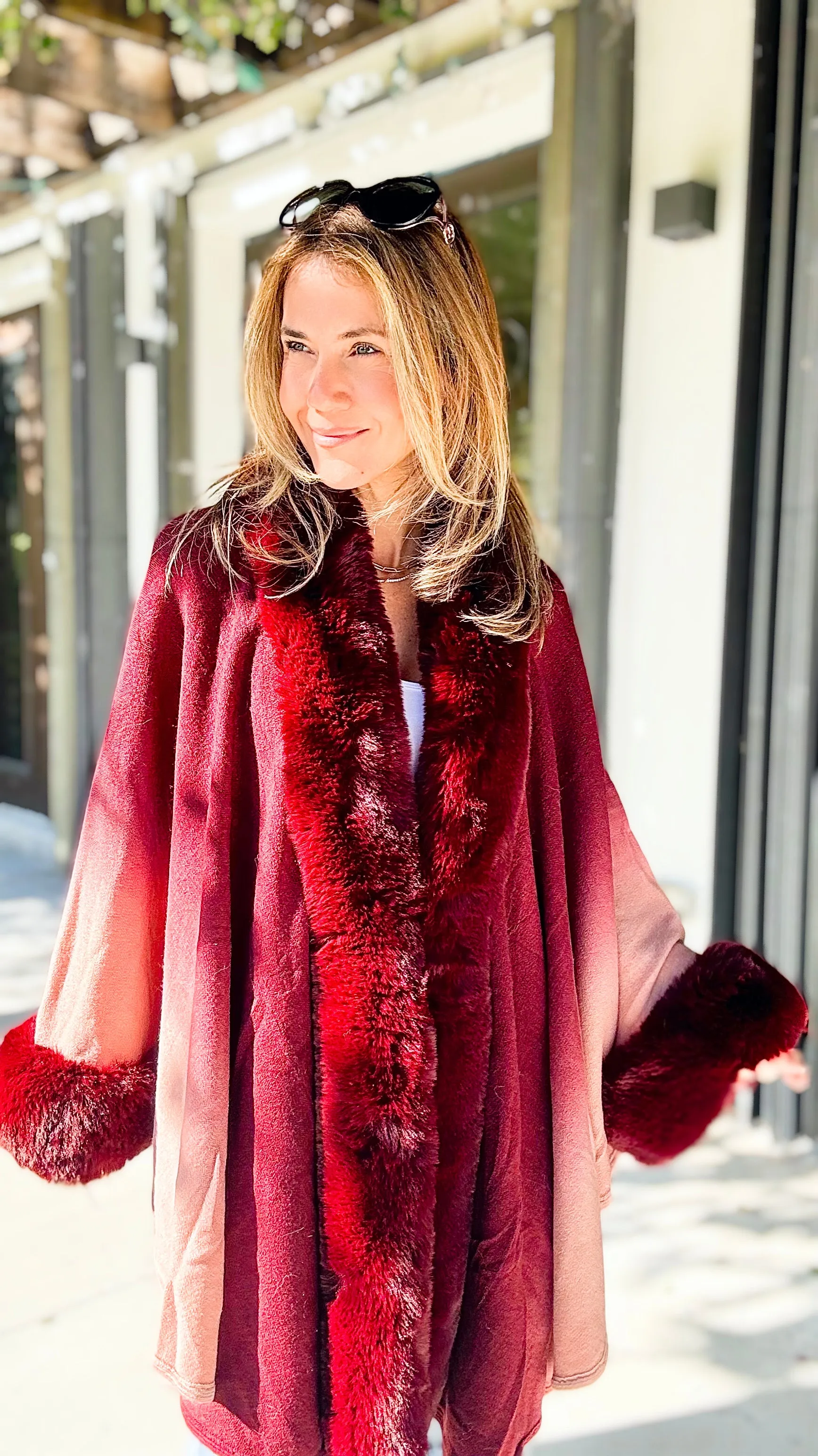 Glass of Wine Faux Fur Trim Ombre Cape