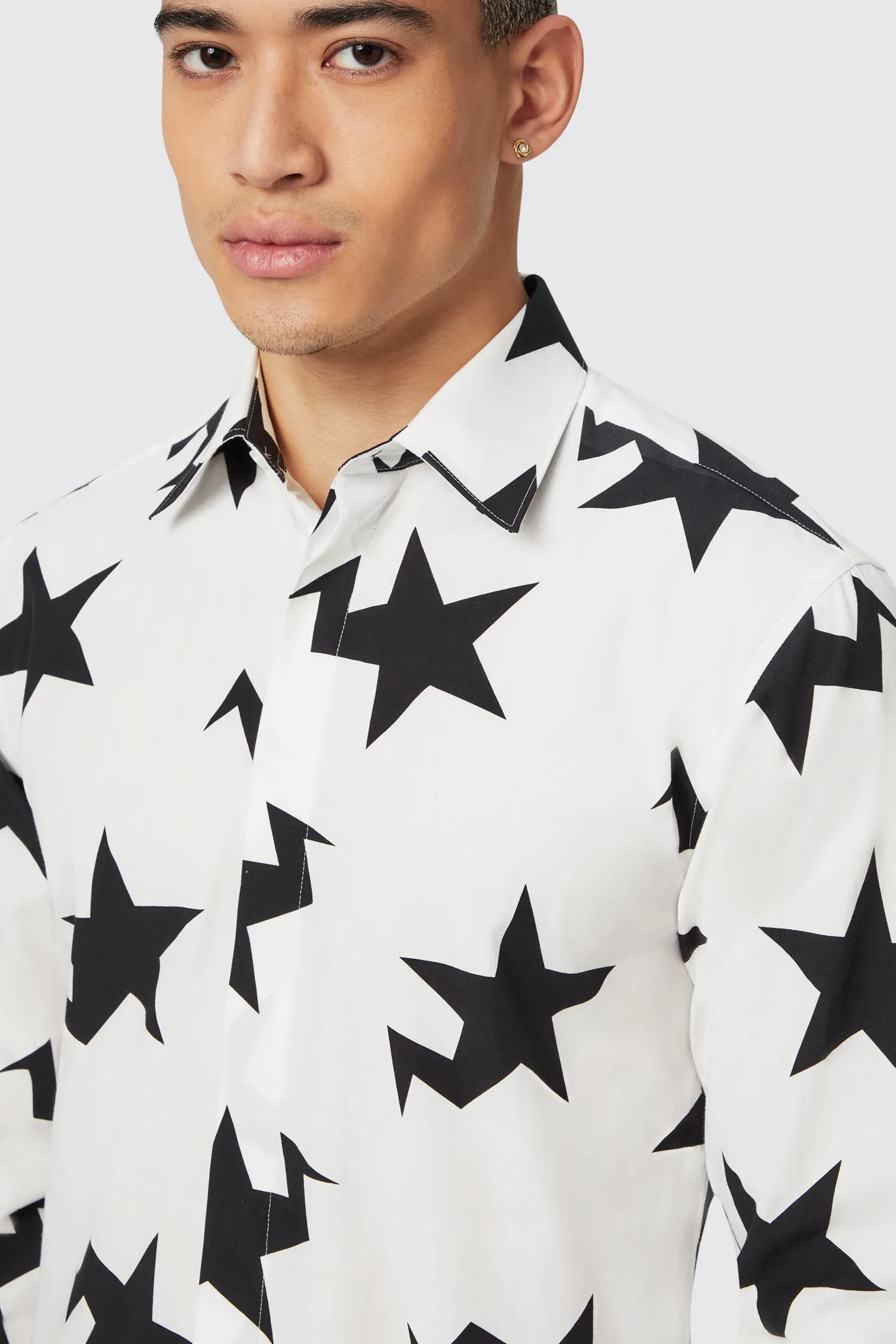 Grosjean Slim Fit White Cotton Star Print Shirt