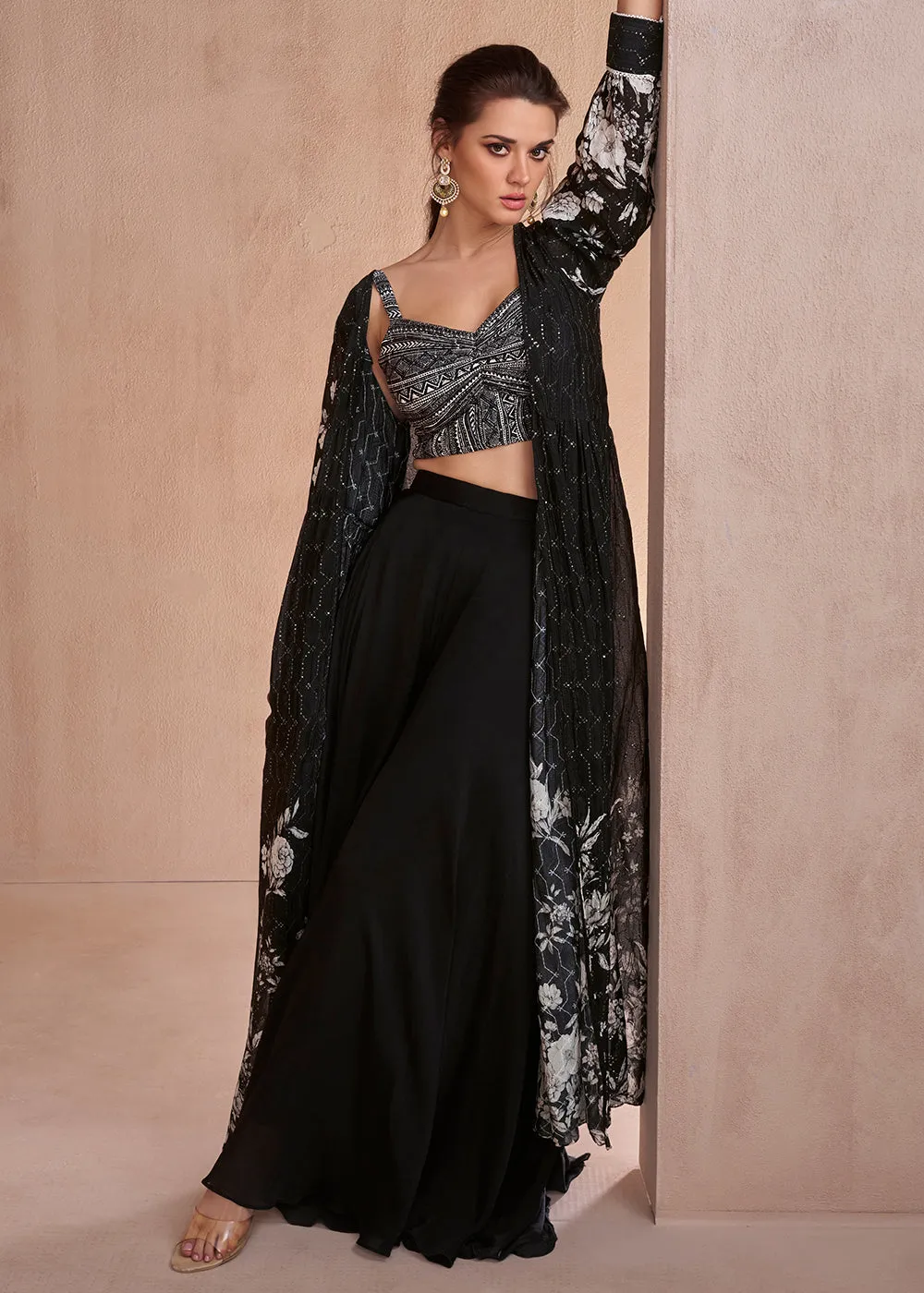 Indo Western Style Black Party Wear Palazzo Suit