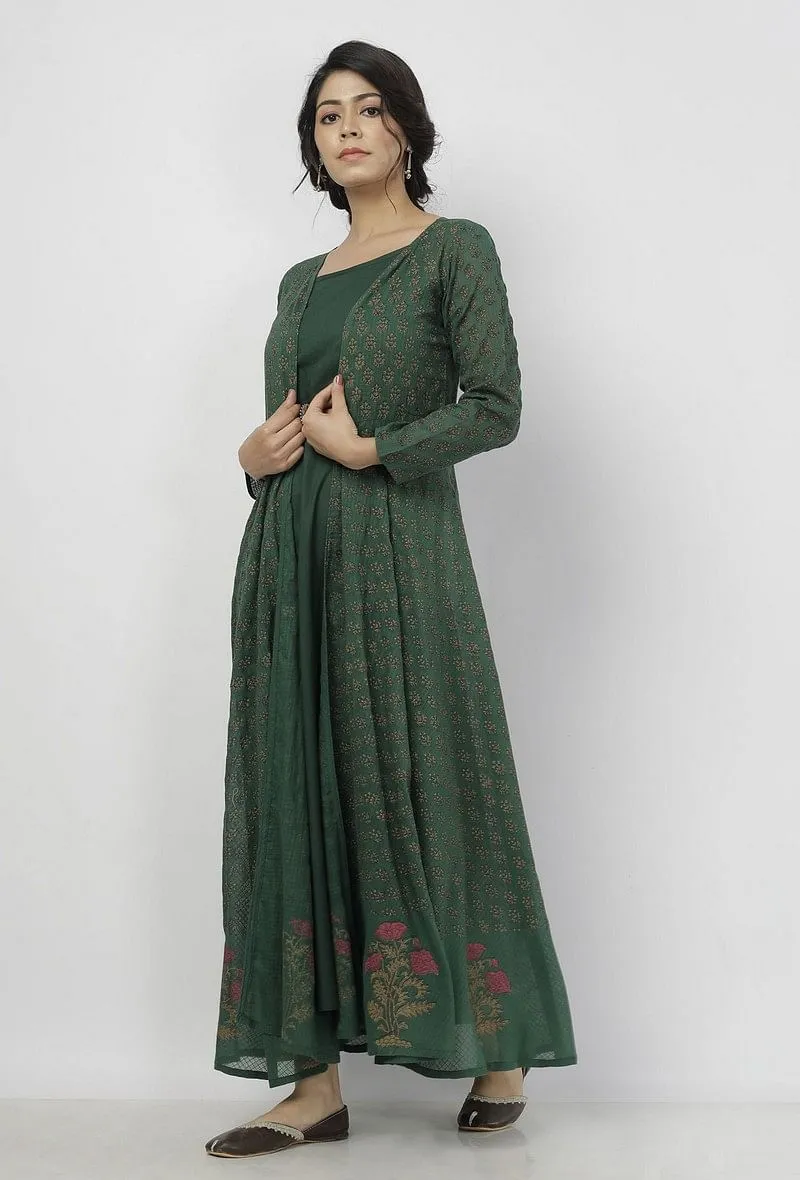 Irvin Bottle Green Floral Motif Hand Block Printed Kota Full Sleeves Cape