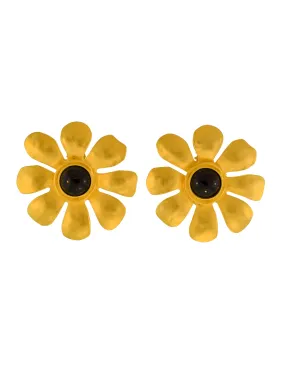 Karl Lagerfeld Vintage SS 1991 Massive Brushed Gold Black Cabochon Flower Statement Earrings