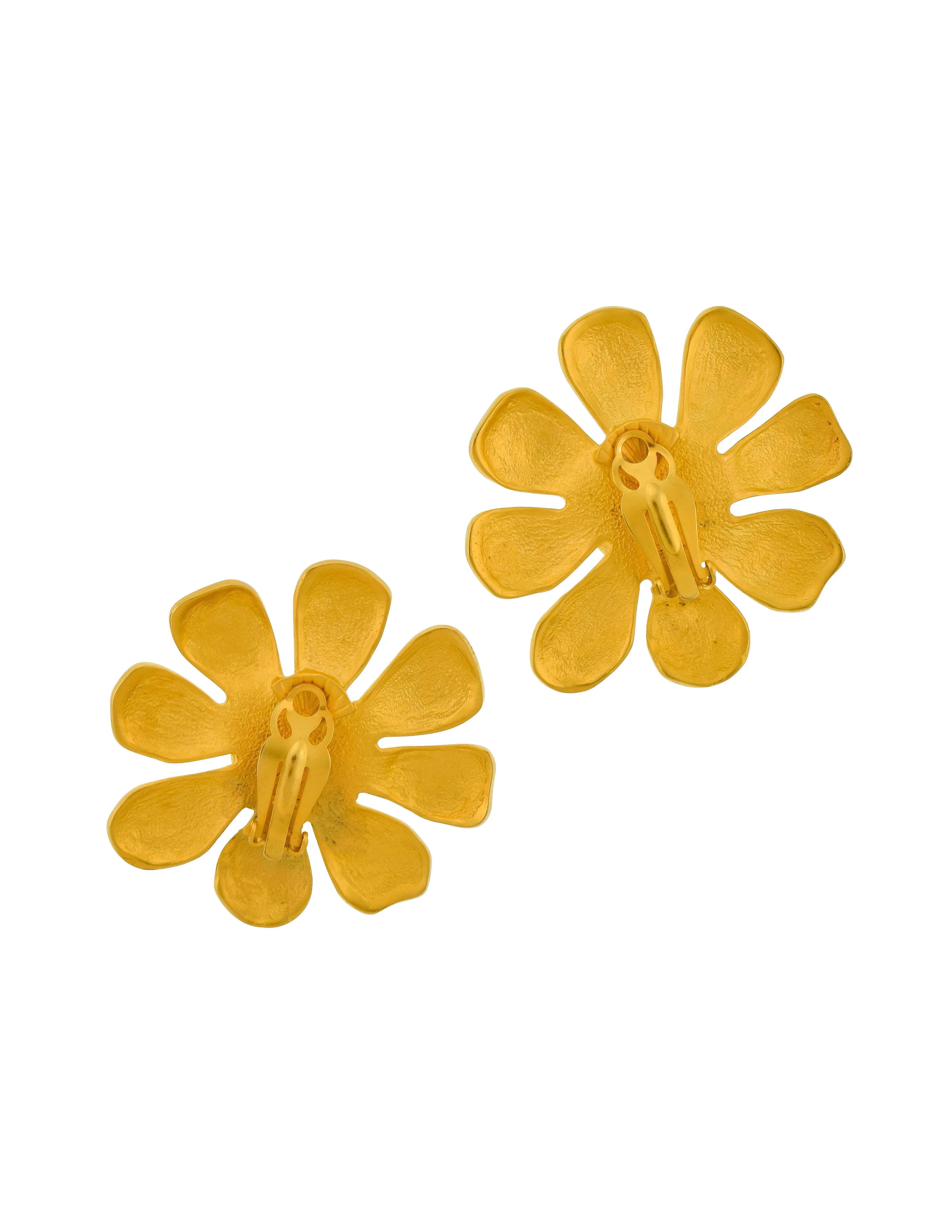 Karl Lagerfeld Vintage SS 1991 Massive Brushed Gold Black Cabochon Flower Statement Earrings