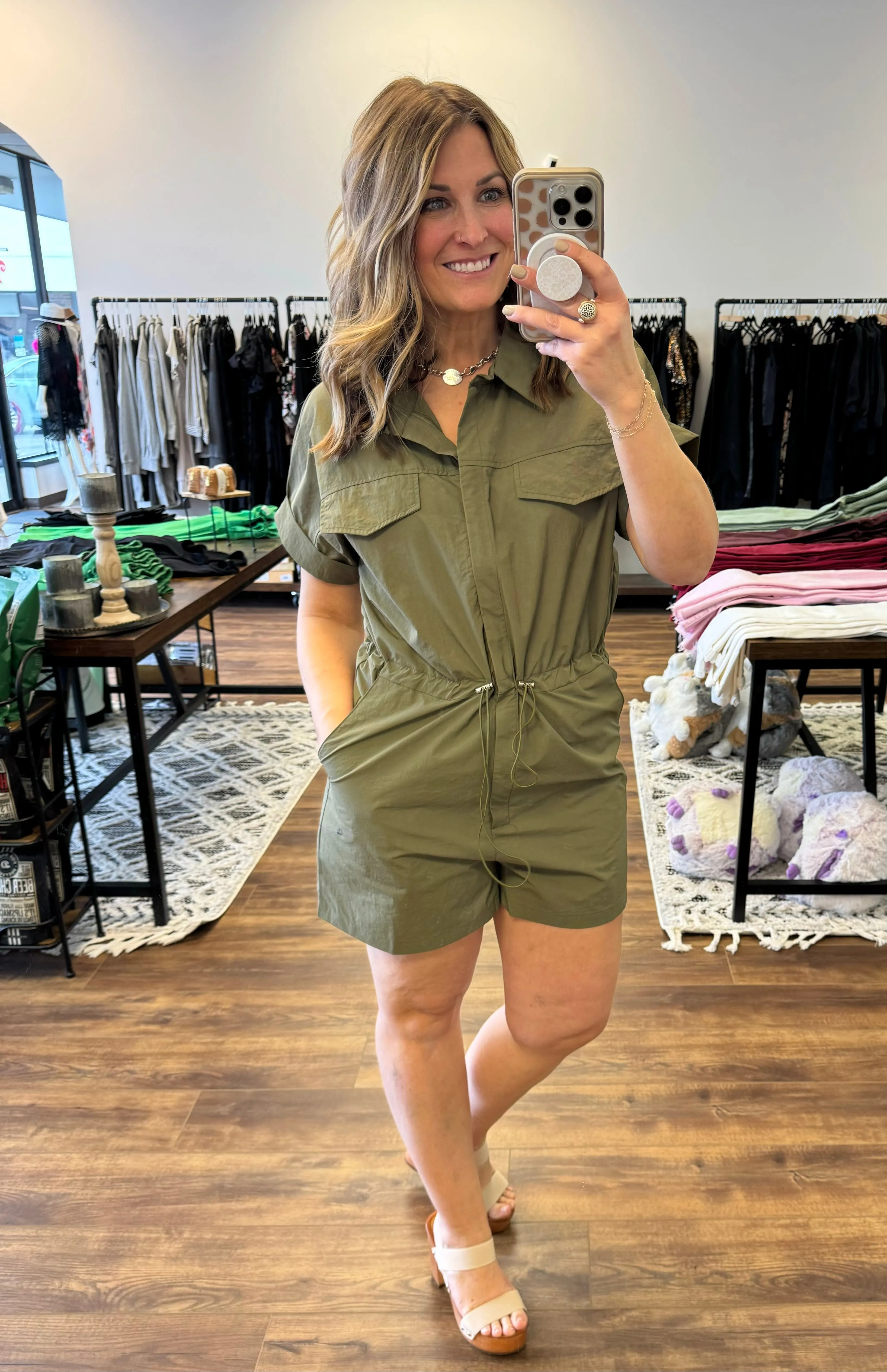 Kathleen - Utility Front Zipper Drawstring Romper