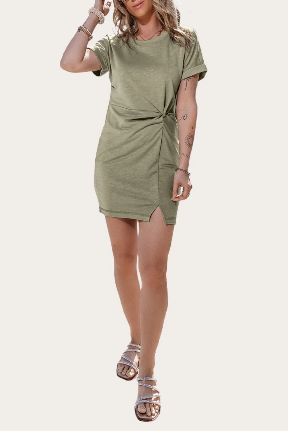 Laurel Green Folded Sleeve Twisted Mini T-Shirt Dress