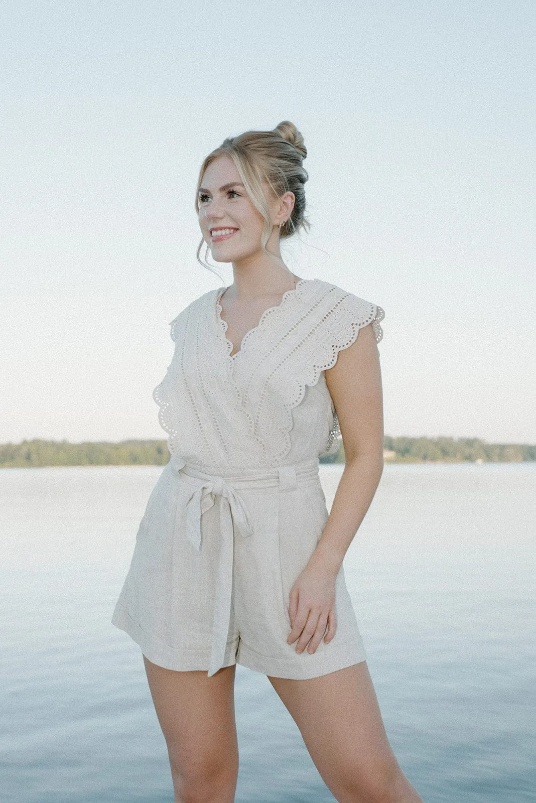 Linen Eyelet Tie Waist Romper