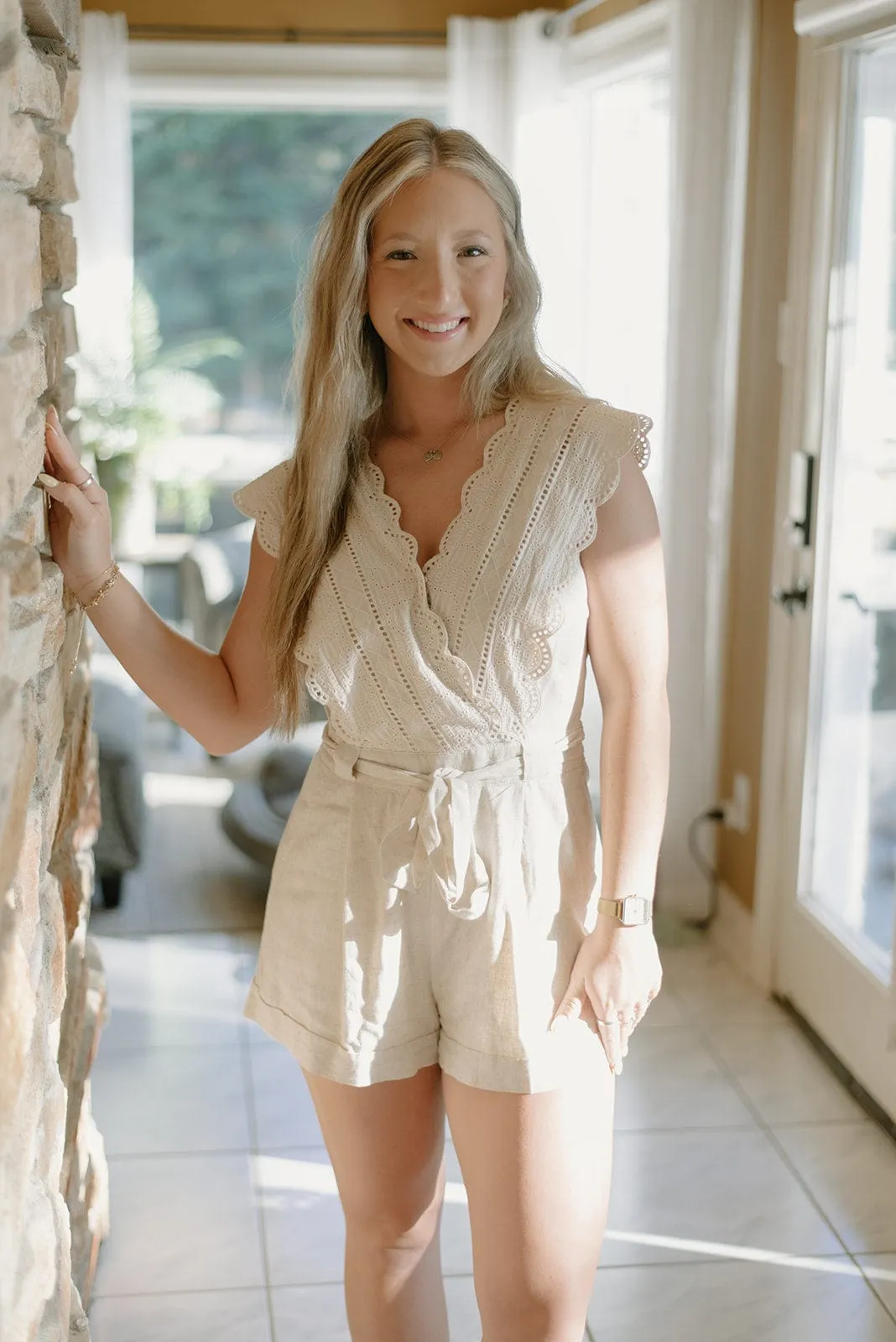 Linen Eyelet Tie Waist Romper