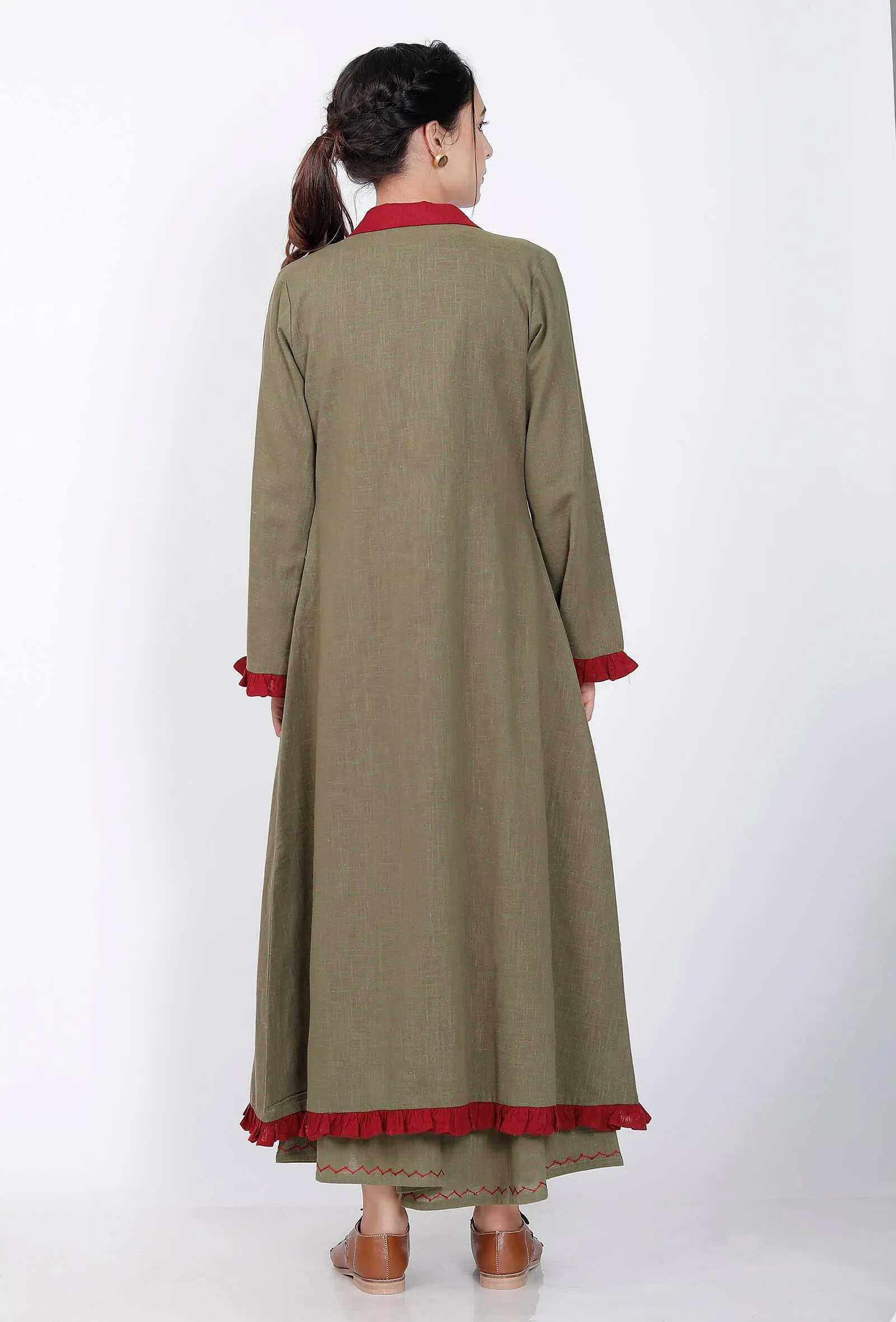 Mehandi Green Cape With Maroon Frills