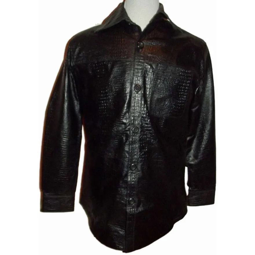 Mens Black Leather Alligator Shirt  - Nappa Sheepskin