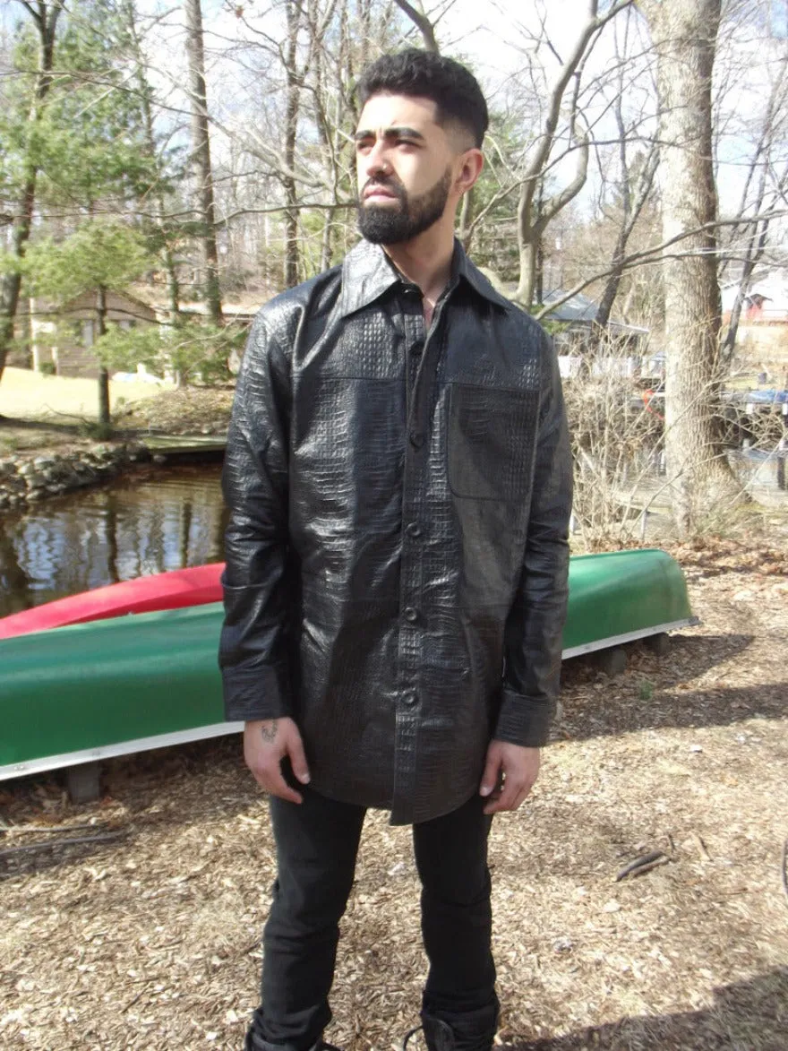 Mens Black Leather Alligator Shirt  - Nappa Sheepskin