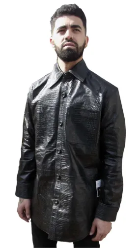 Mens Black Leather Alligator Shirt  - Nappa Sheepskin