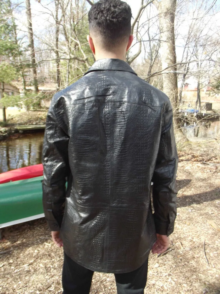 Mens Black Leather Alligator Shirt  - Nappa Sheepskin