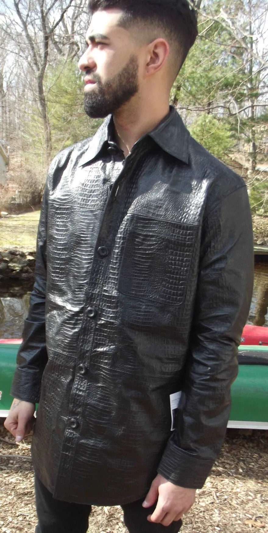 Mens Black Leather Alligator Shirt  - Nappa Sheepskin