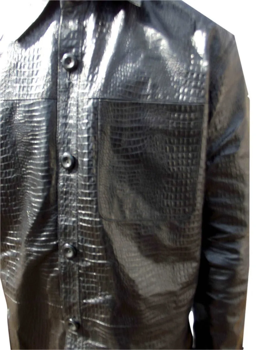 Mens Black Leather Alligator Shirt  - Nappa Sheepskin