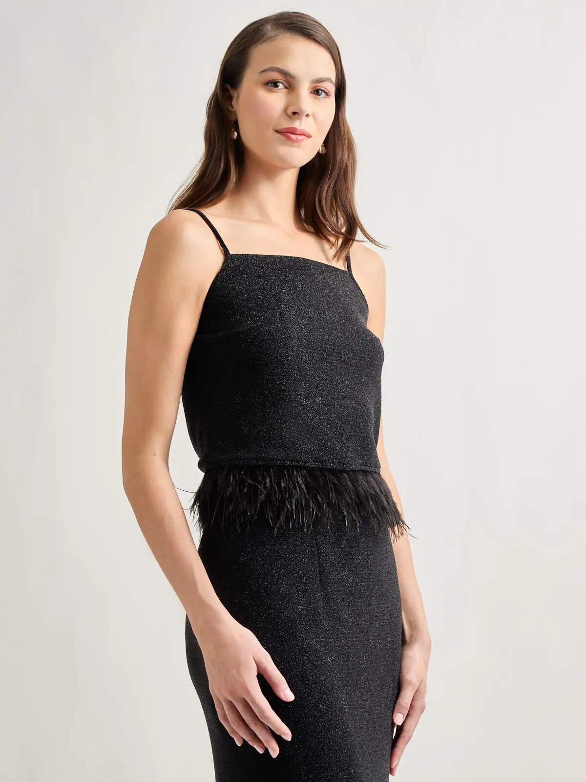 Modern Fit Ostrich Feather Trim Stretch Woven Tank