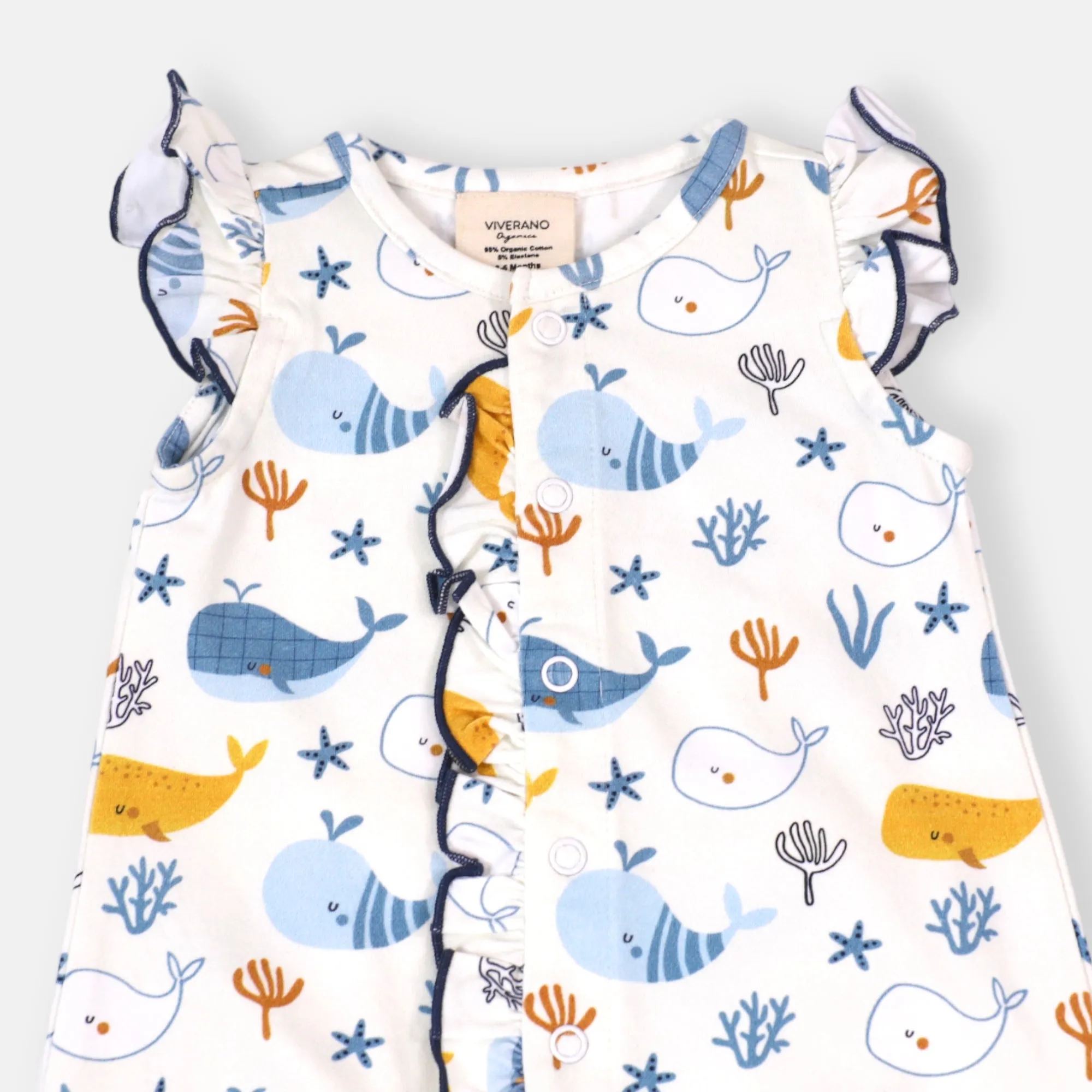 Ocean Whales Ruffle & Button Baby Romper (Organic Jersey)