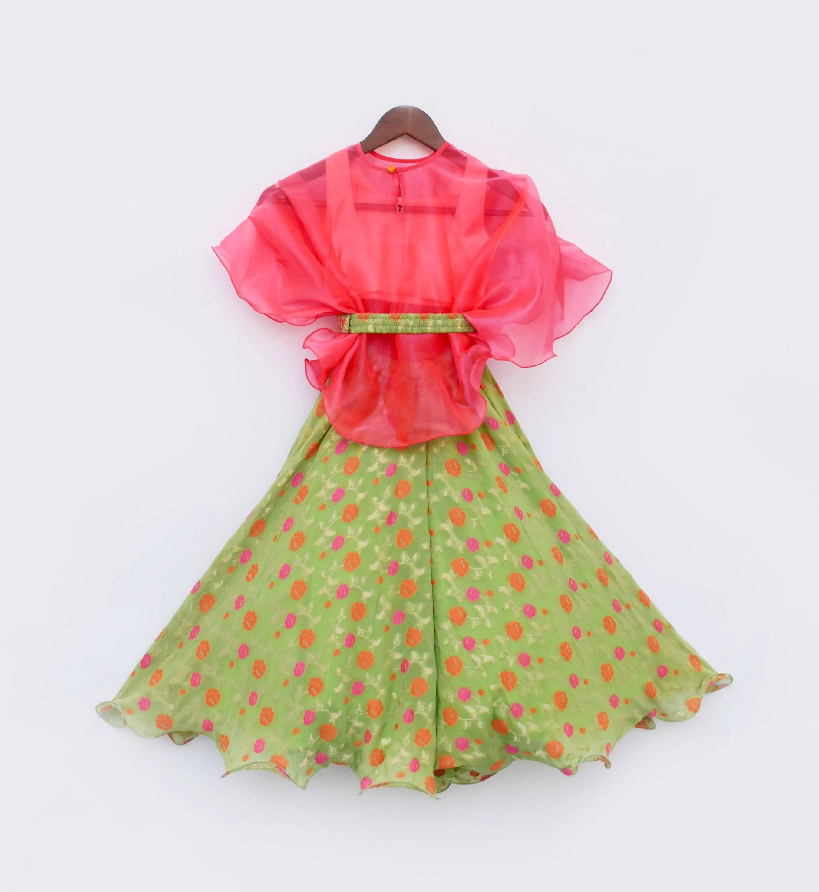 Pre Order: Green Georgette Lehenga with Pink Top and Organza Cape