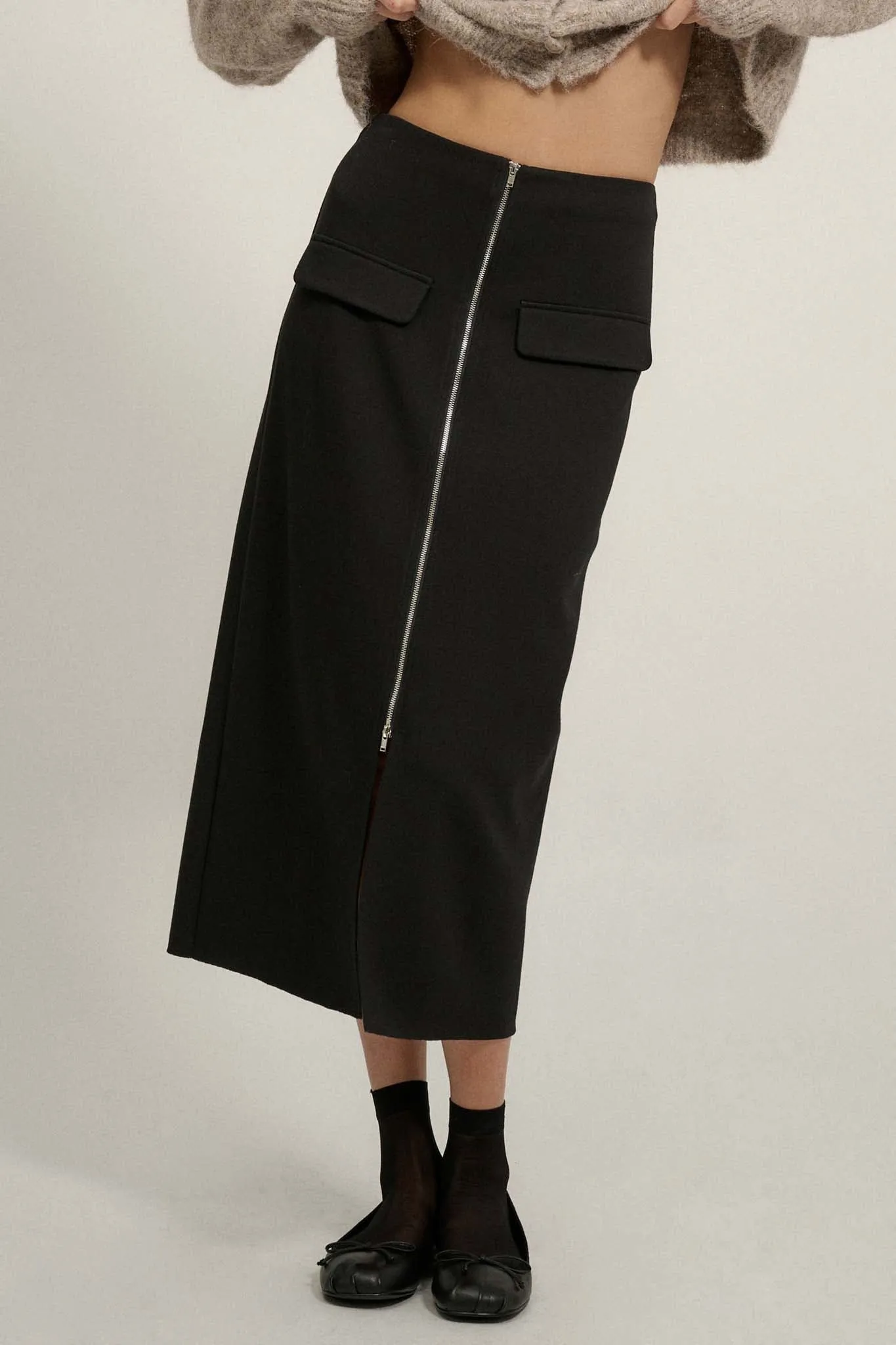 Premium Scuba Zip-Front Midi Skirt