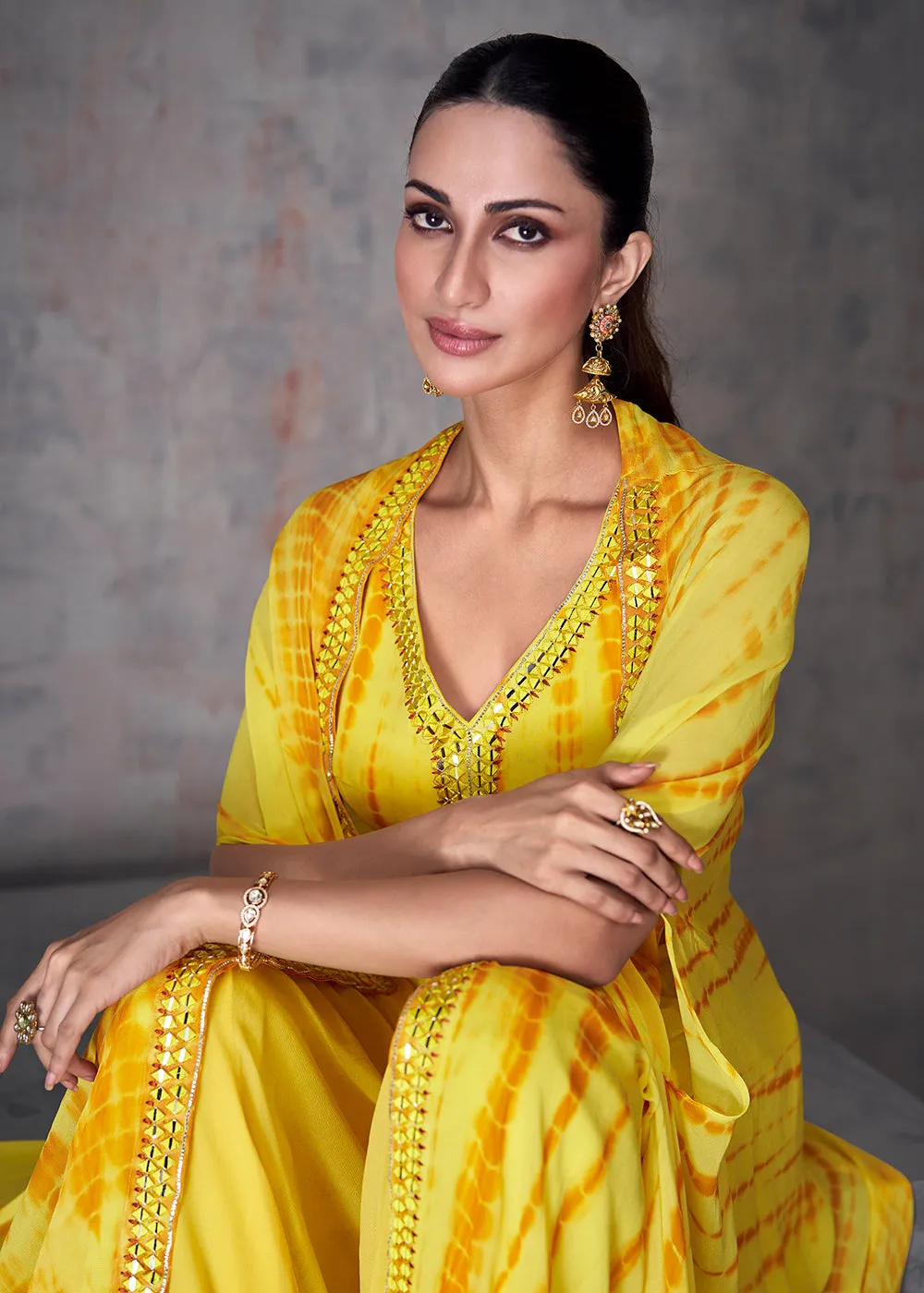 Pretty Yellow Indo Western Style Party Wear Palazzo Suit