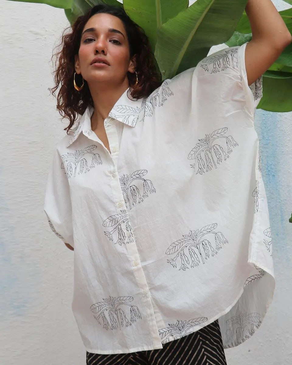 "Flor d’Luna  Handblock Printed Cotton Shirt - Mono